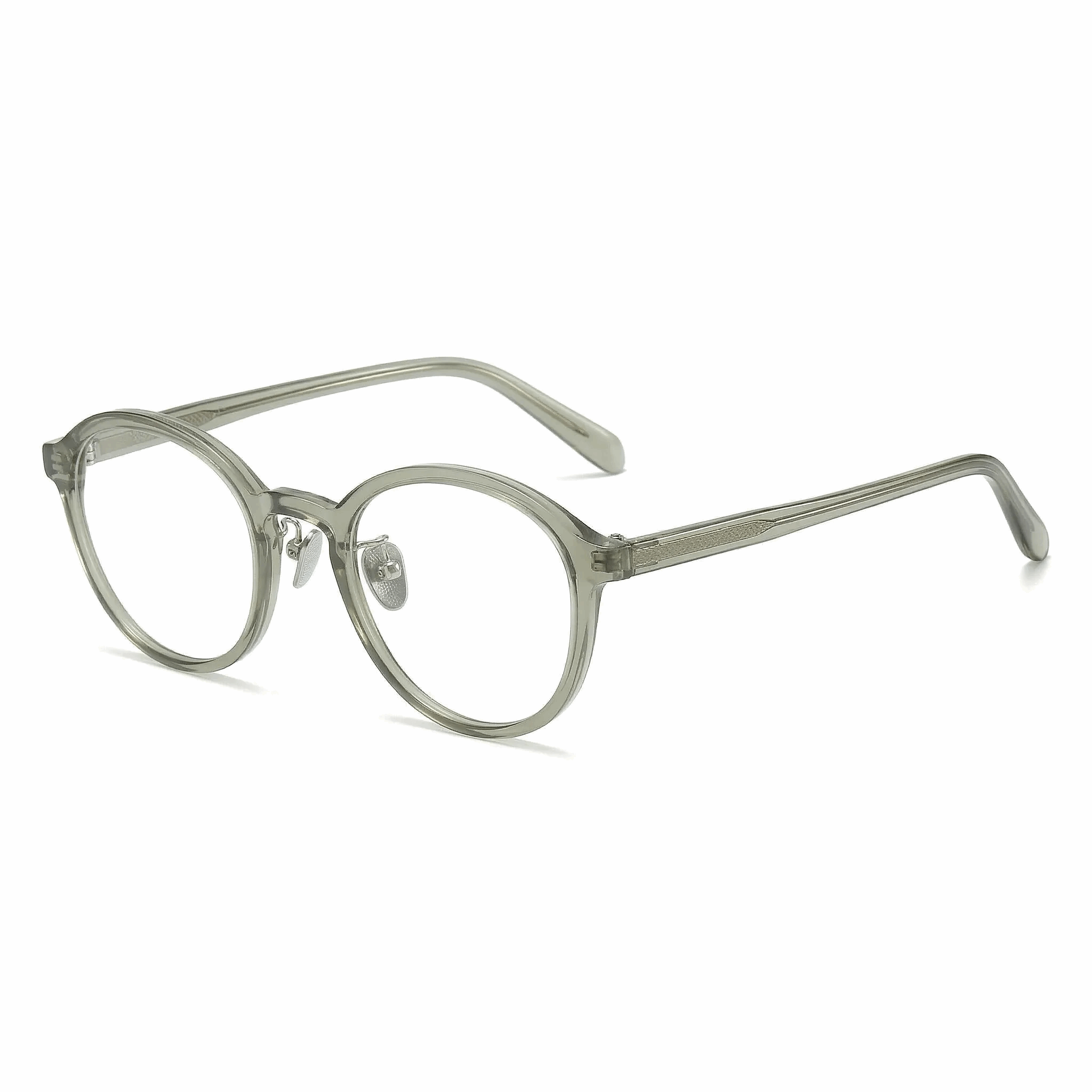 Side view of VELOPT-106 sage green translucent eyeglasses showing the slim 142mm temples.
