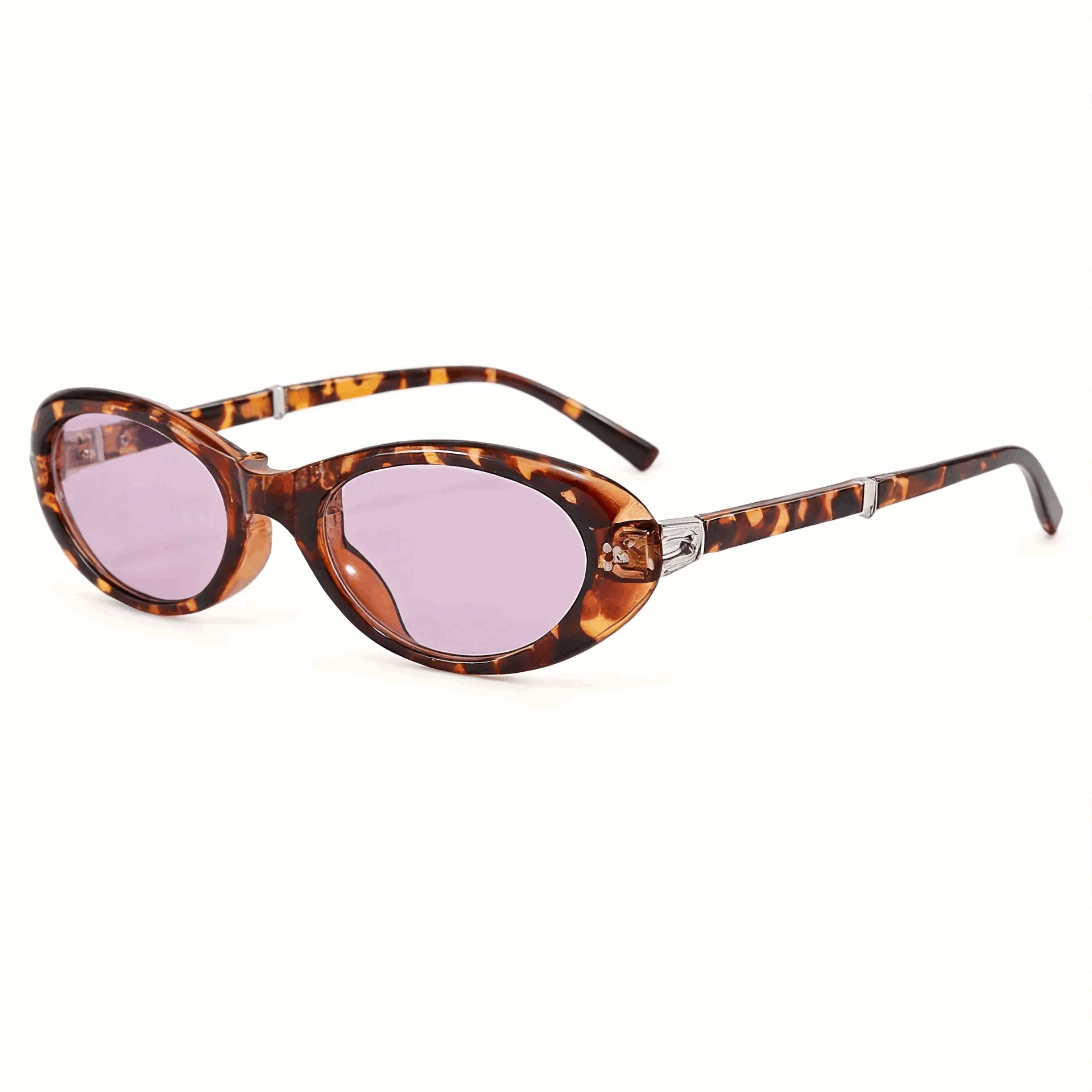 Classic Amber Tortoise Shell oval frames with soft Lavender Purple tinted lenses.
