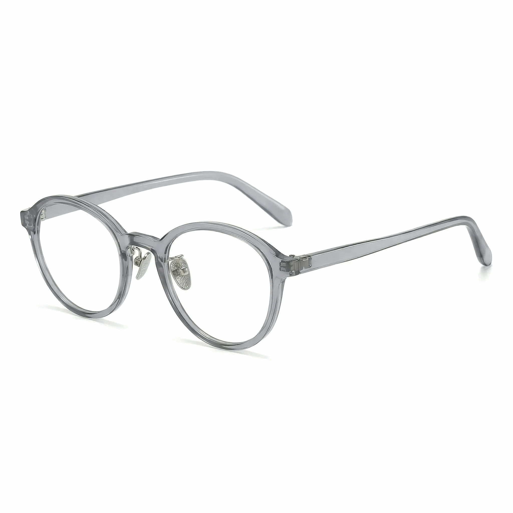 VELOPT-106 transparent crystal grey Boston prescription glasses with lightweight PC frame.