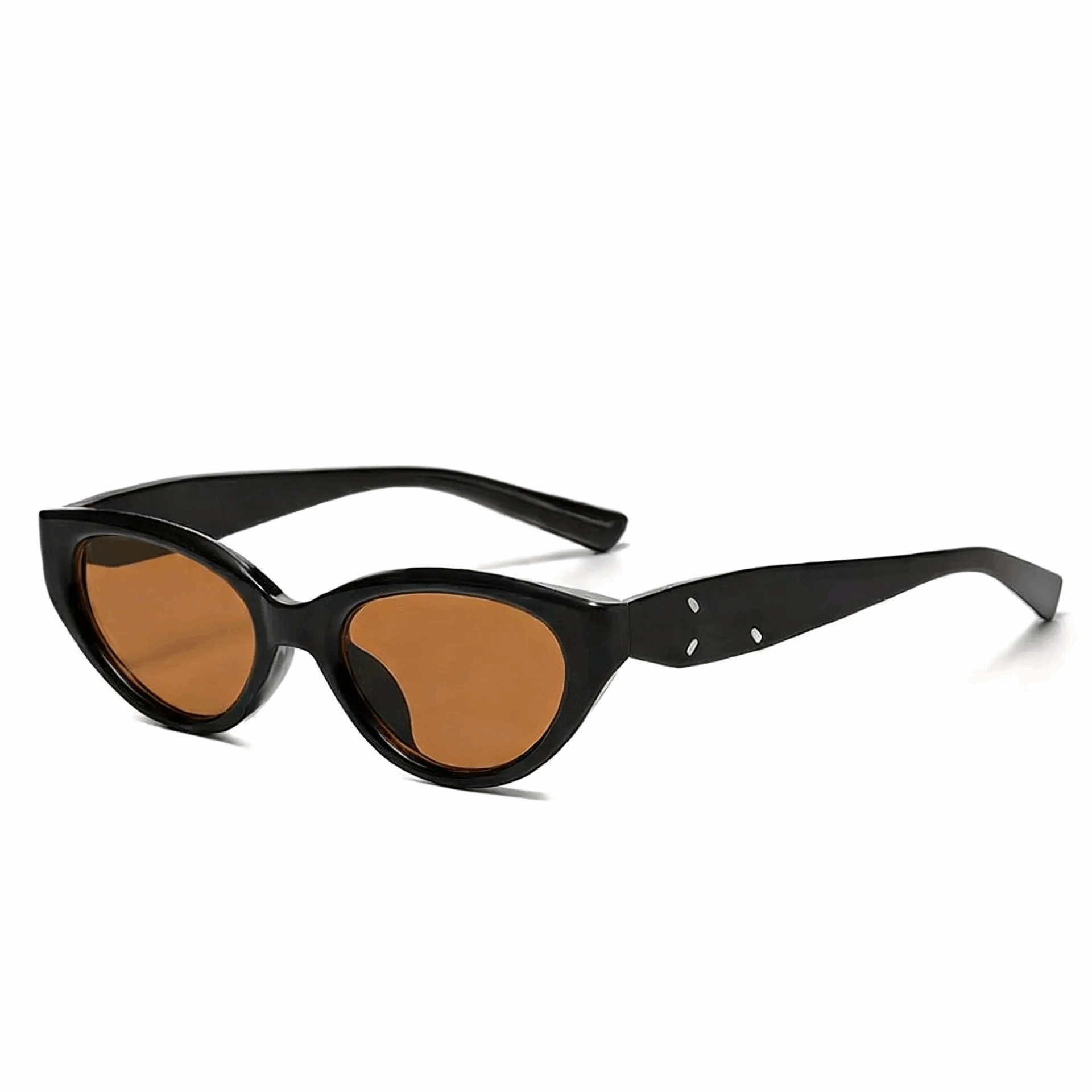 Midnight Black oval frames with warm Amber Brown lenses, retro-style fashion sunglasses.