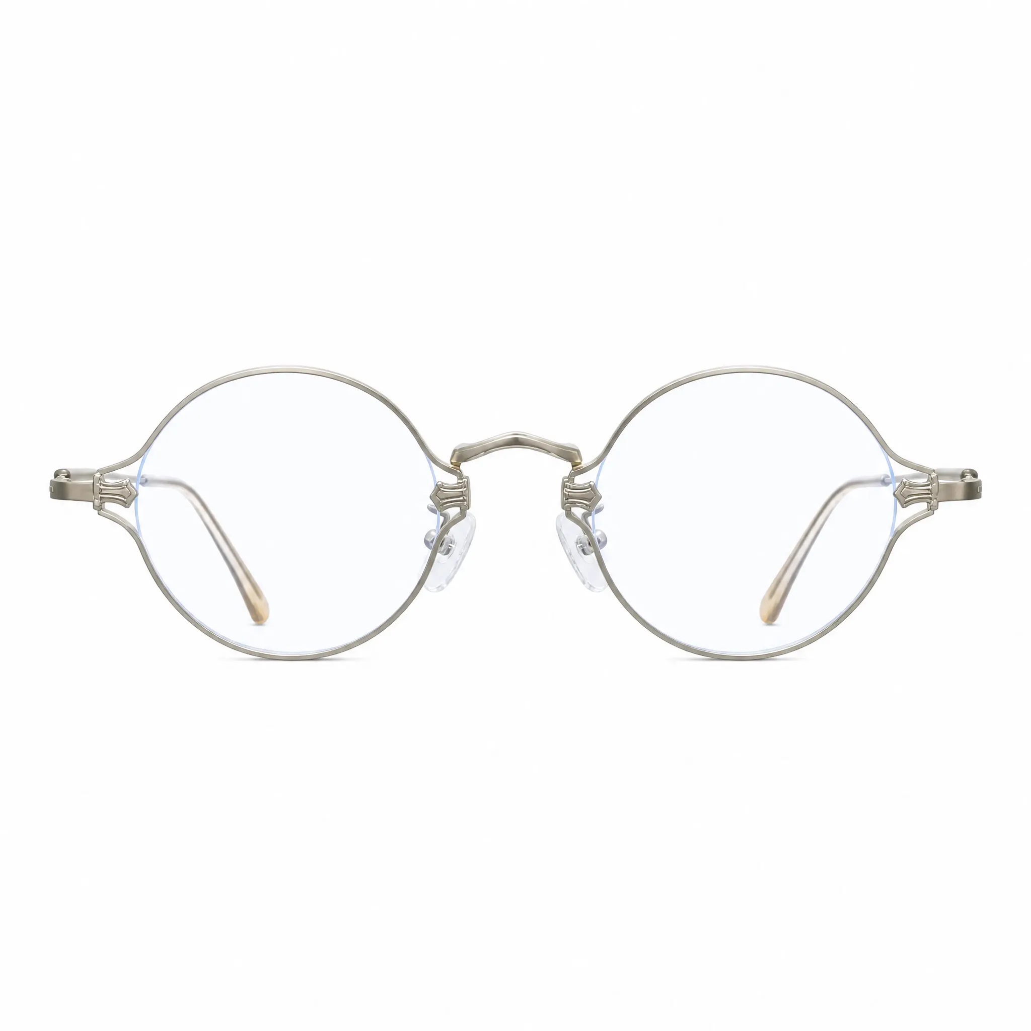 VELOPT-B104 minimalist round prescription glasses in polished silver metal with comfortable clear acetate temple tips