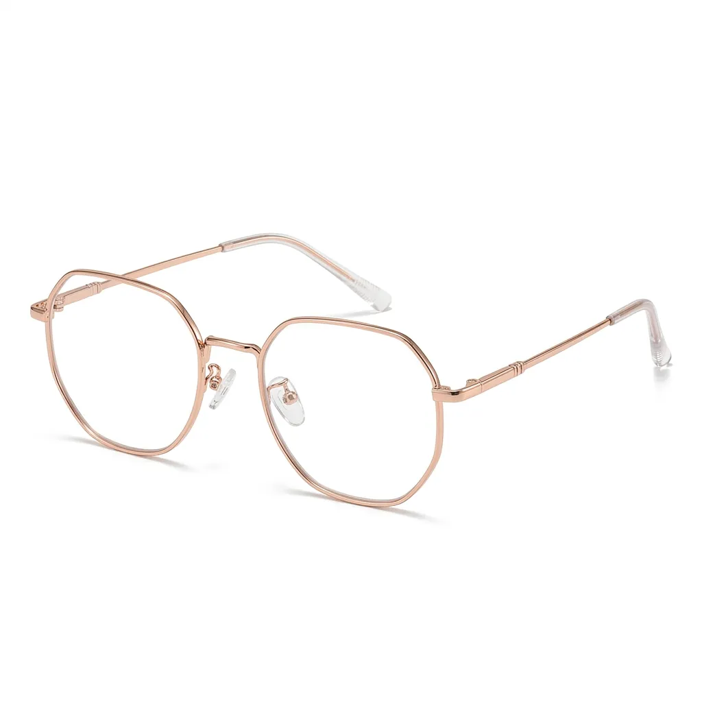 Elegant rose gold polygonal prescription glasses for women, minimalist geometric metal frames.