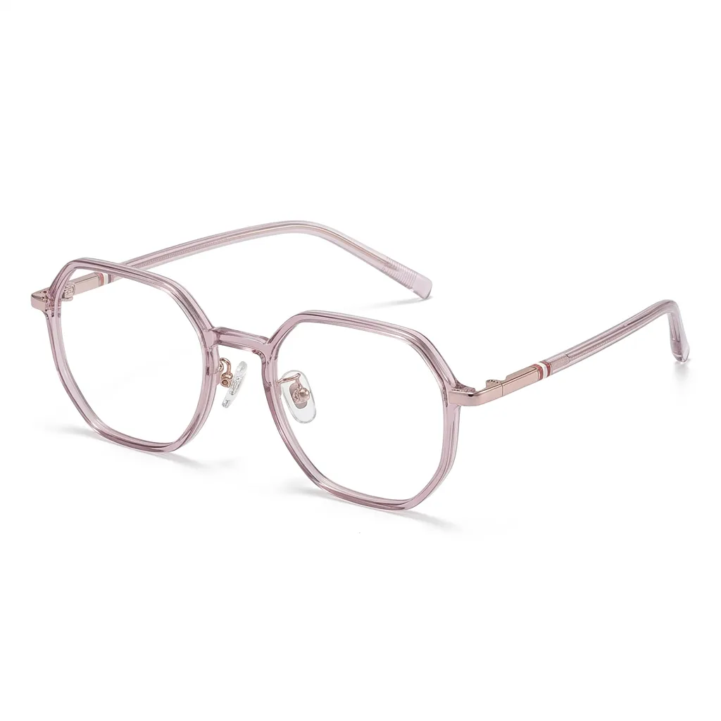 Soft pink polygonal frames for a chic, feminine look, compatible with high-index 1.74 lenses.