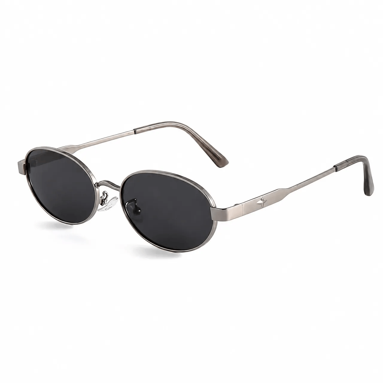 VELSUN-103 minimalist oval sunglasses featuring a sleek chrome silver metal frame and solid dark smoke grey lenses