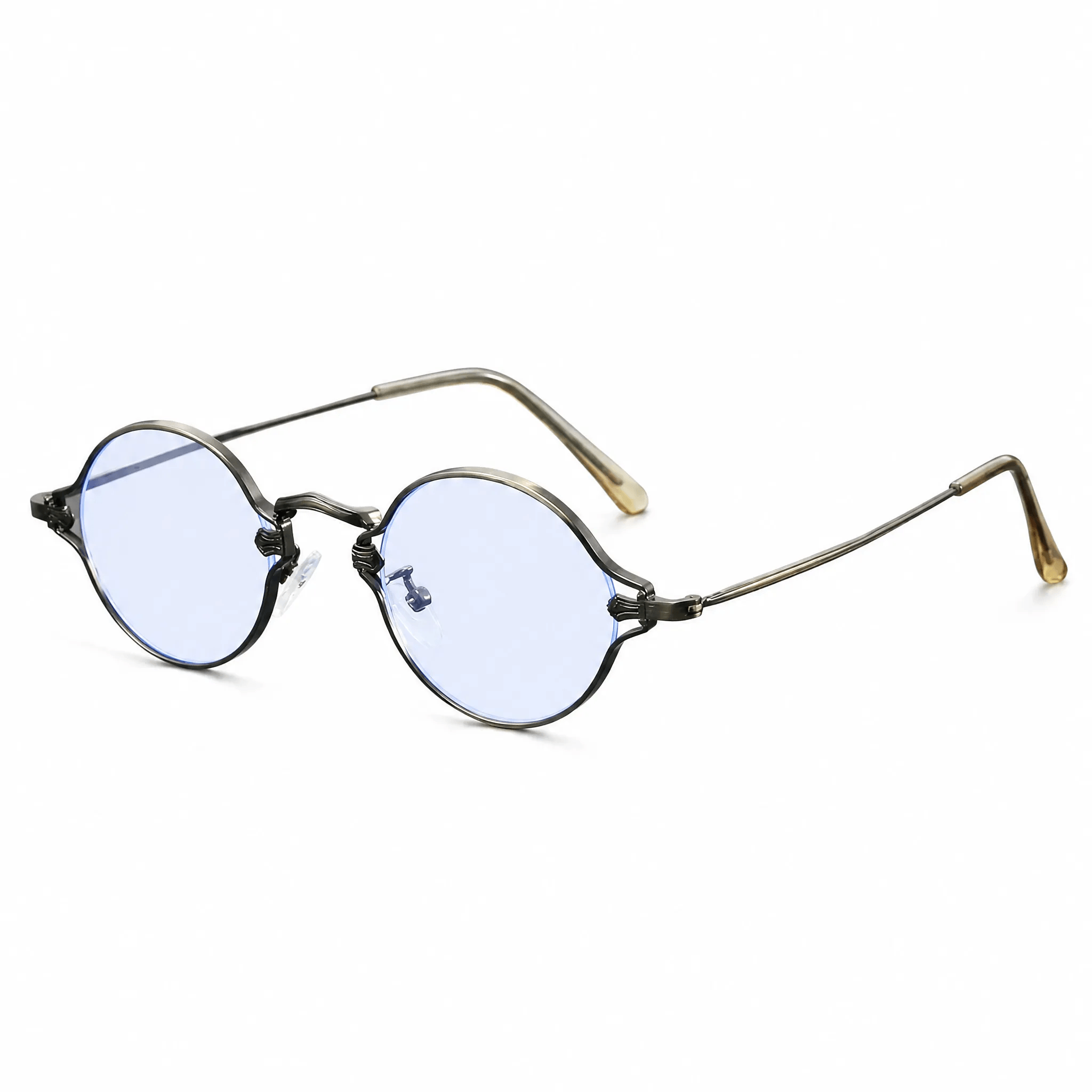 VELOPT-B104 vintage round wireframe eyeglasses in smoky gunmetal gray with a light blue light defensive lens tint