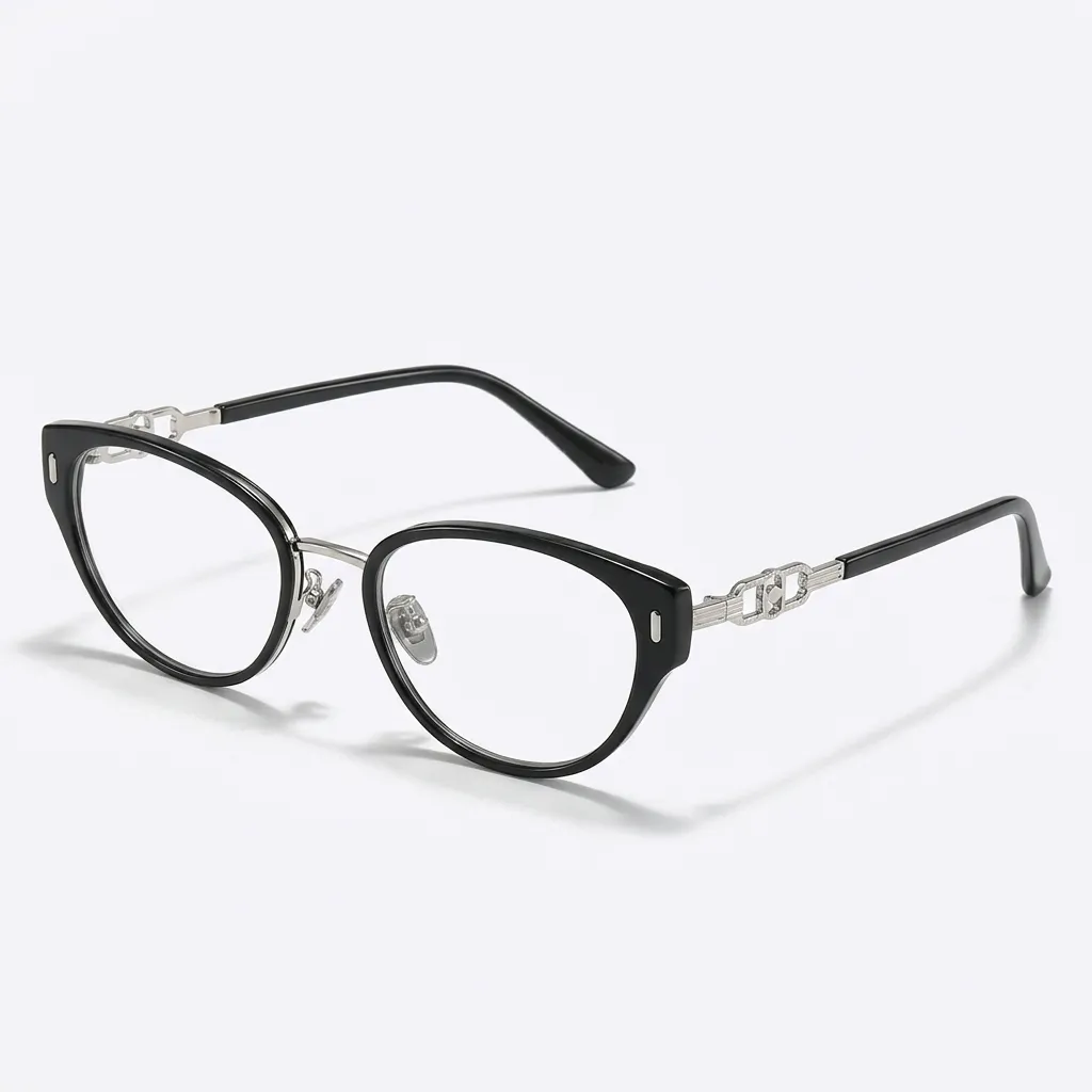 Matte black silver cat eye optical glasses with alloy chain bridge detail — VELOPT-125