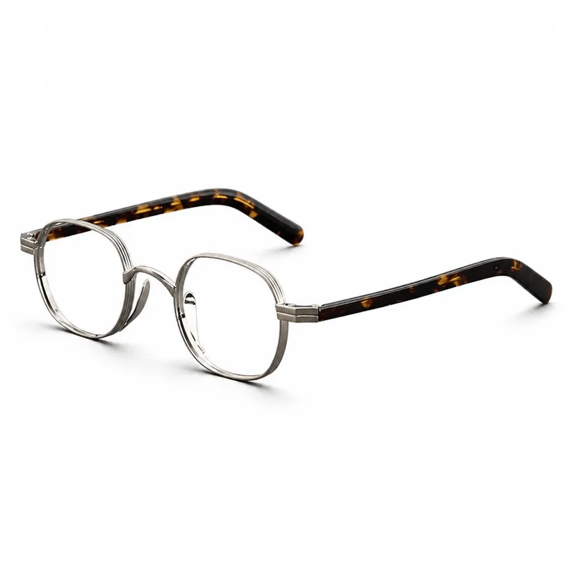 VELOPT-B110 geometric octagon wireframe eyeglasses in brushed antique silver with dark brown tortoise shell temples