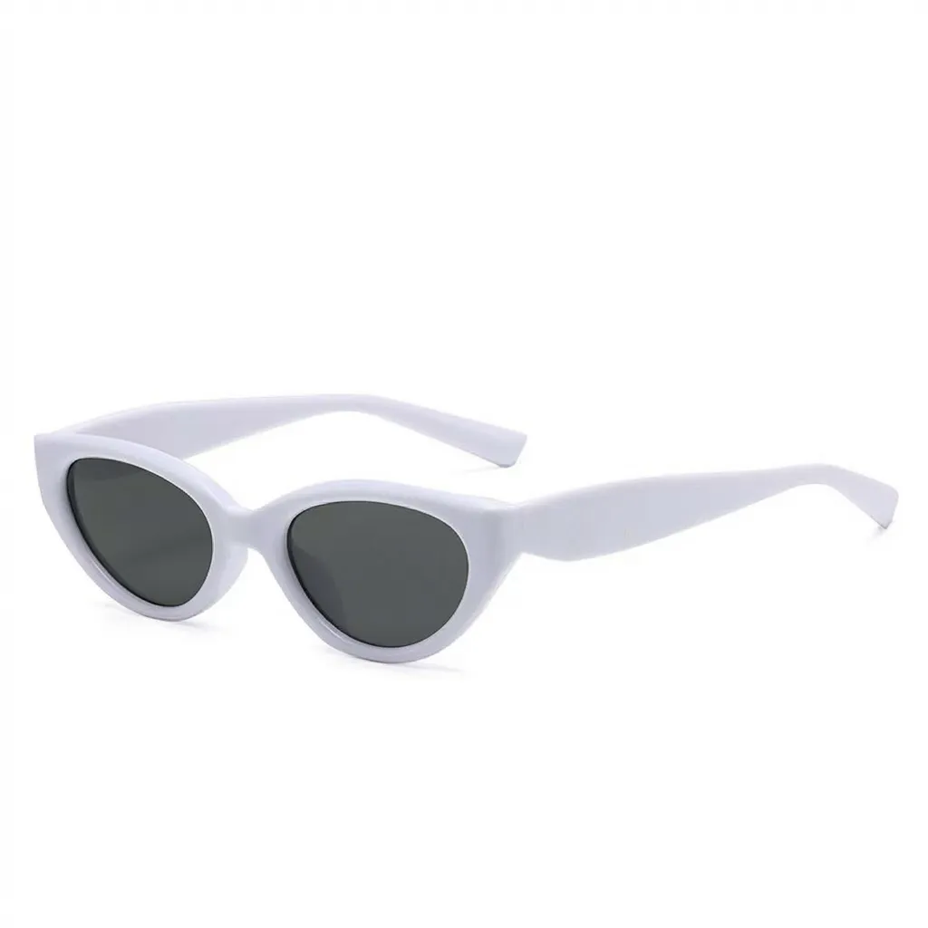 Trendy Pure White slim oval cat-eye sunglasses with dark lenses, chic Y2K fashion shades.