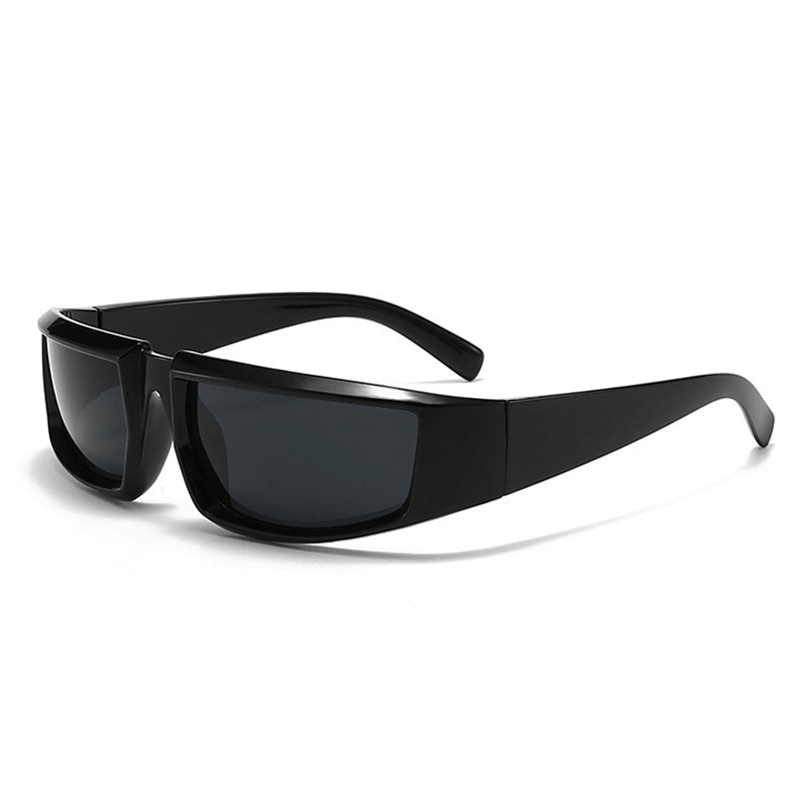 VELSUN-107 iconic Y2K style wrap sunglasses featuring a sleek solid gloss black PC frame and dark tint protective lenses