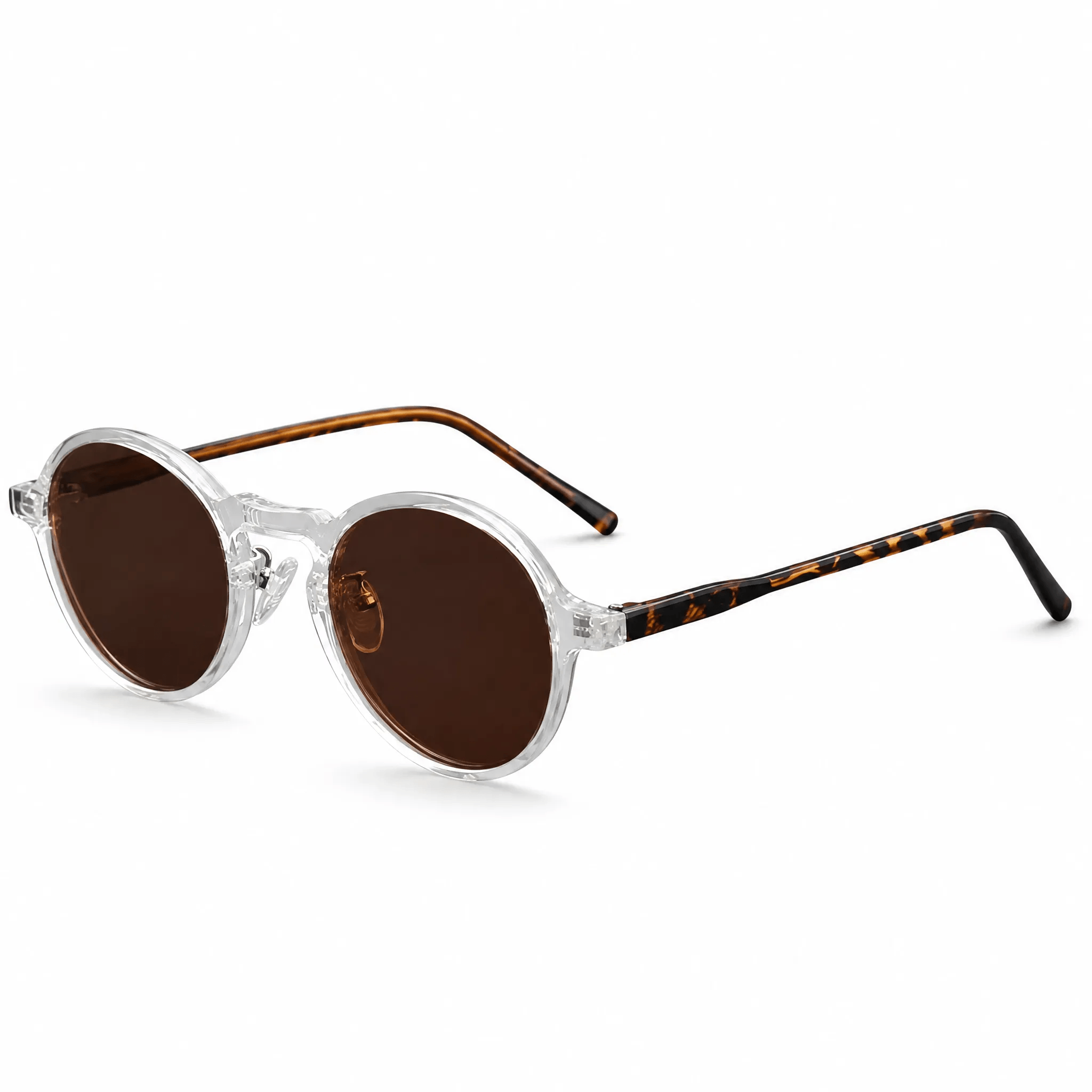 VELSUN-104 retro round sunglasses featuring a transparent clear PC front with classic brown tortoiseshell pattern temple arms