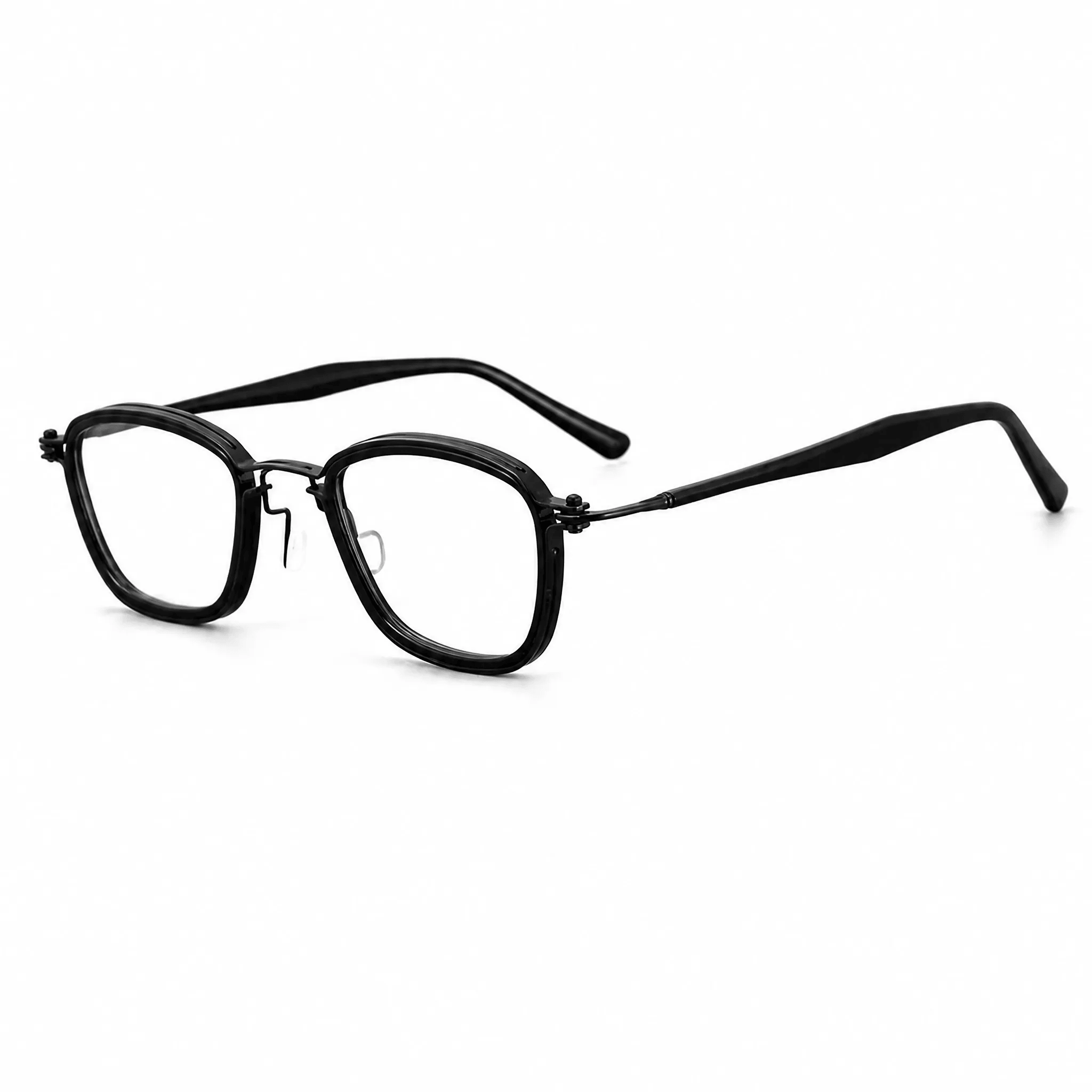 VELOPT-B109 rounded square PC prescription glasses in solid onyx black with gunmetal grey keyhole bridge and technical size blueprint