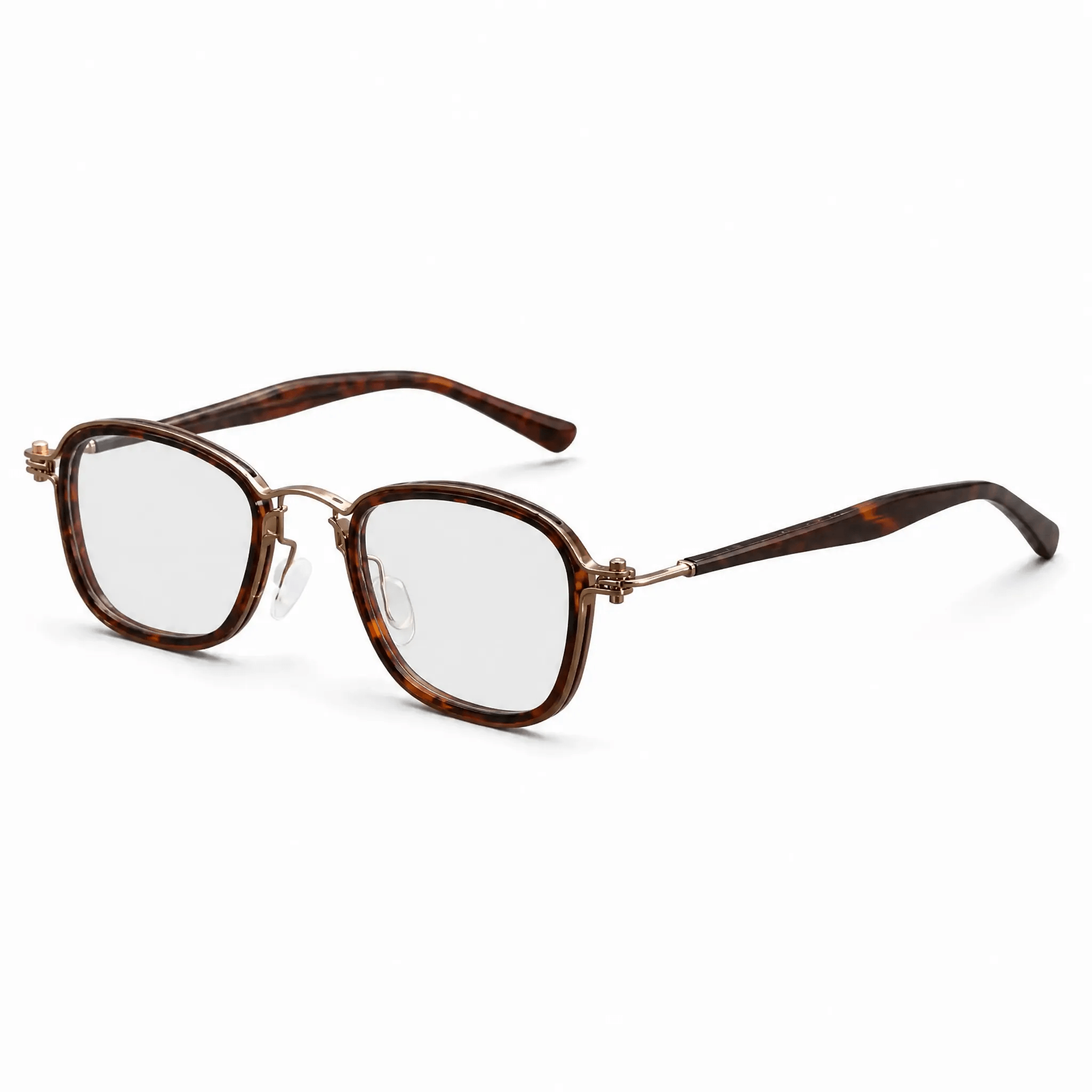 VELOPT-B107 retro square eyeglasses featuring a warm amber tortoiseshell PC frame lining and bronze temple accents