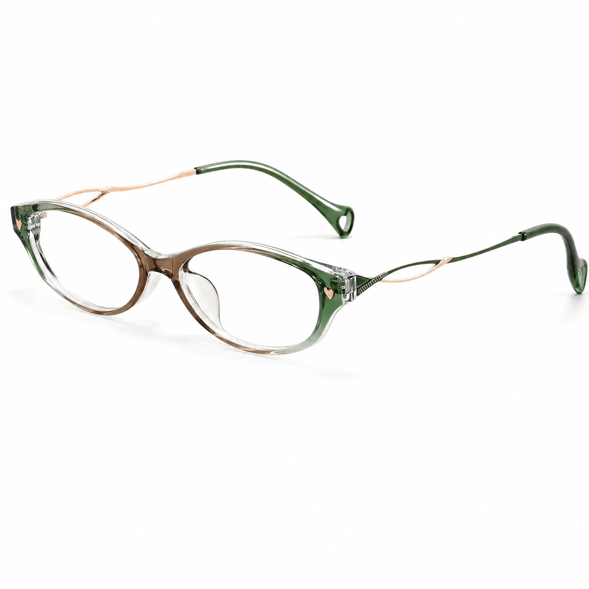 VELOPT-B101 clear olive green gradient metal prescription glasses with gold wavy temple arms
