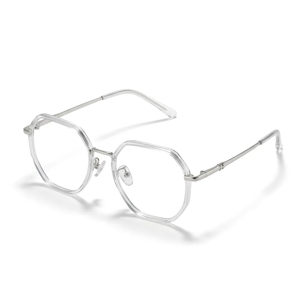 Sleek silver hexagon optical glasses, premium lightweight metal frames for professional wear.
