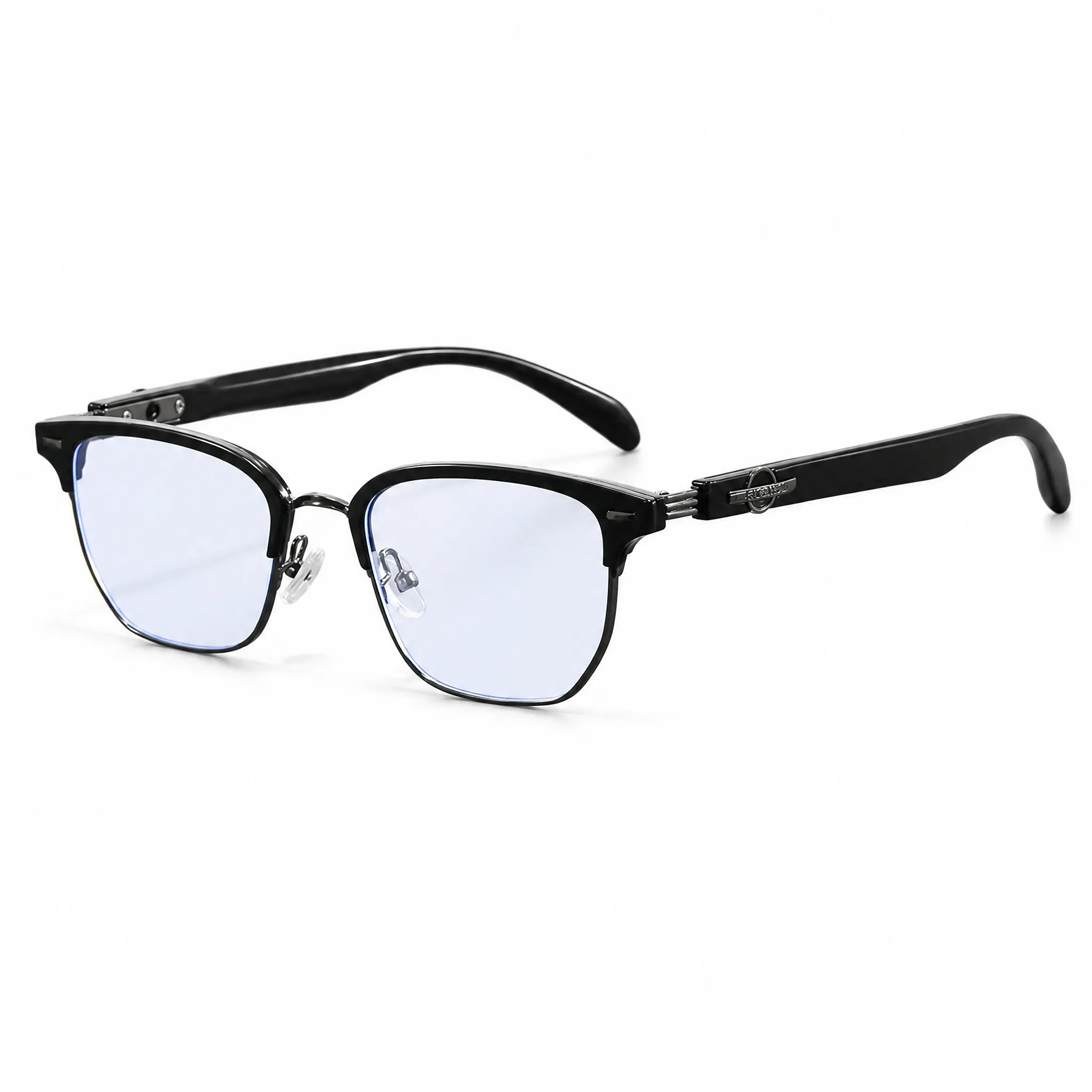 VELOPT-B103 executive semi rimless glasses with matte black brow top and gunmetal grey metal accents