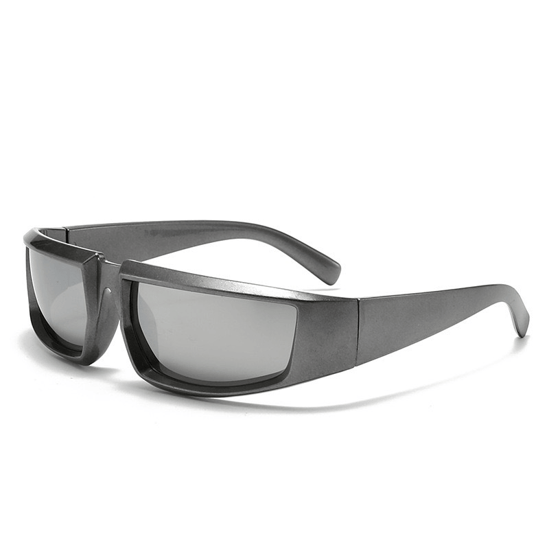 VELSUN-107 rectangular wrap around shield sunglasses in a translucent dark grey PC frame with smoke lenses, featuring an overlay technical dimension graphic
