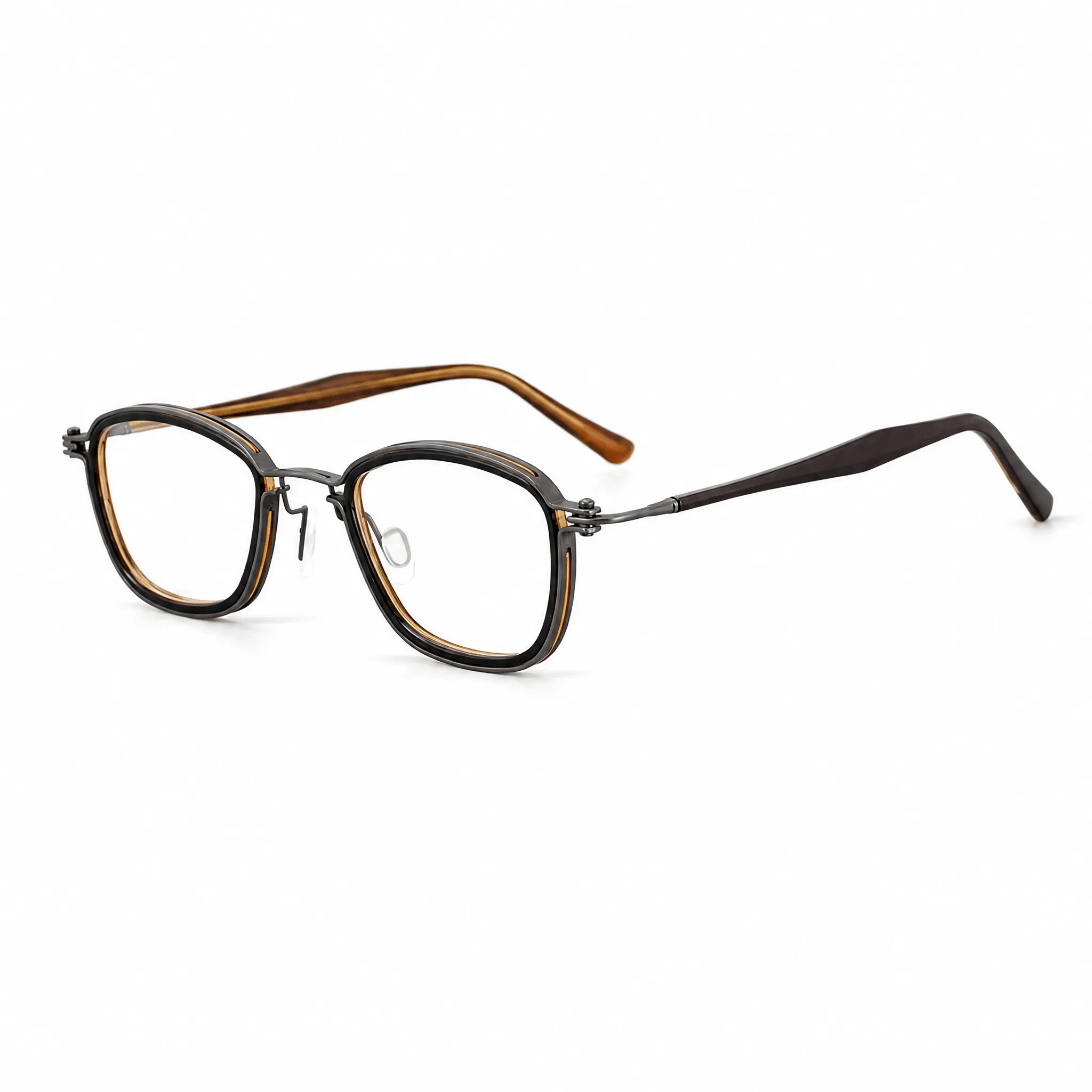 VELOPT-B109 retro style square prescription glasses in dark olive brown composite frame with metallic grey bridge accents