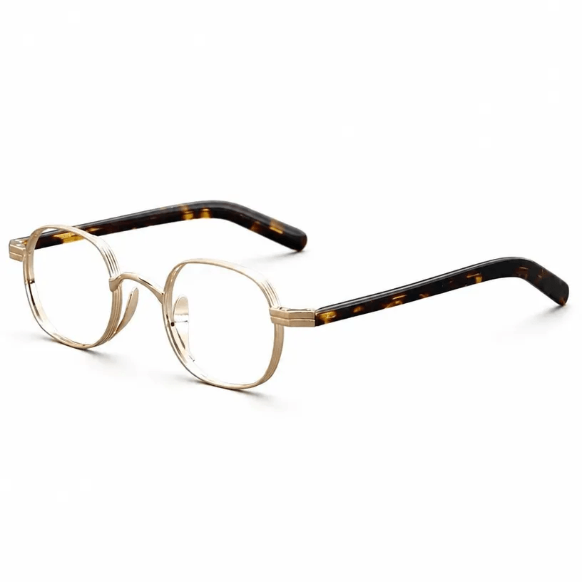 VELOP-B110 vintage octagon metal prescription glasses in polished bright gold with black eartips and technical size diagram