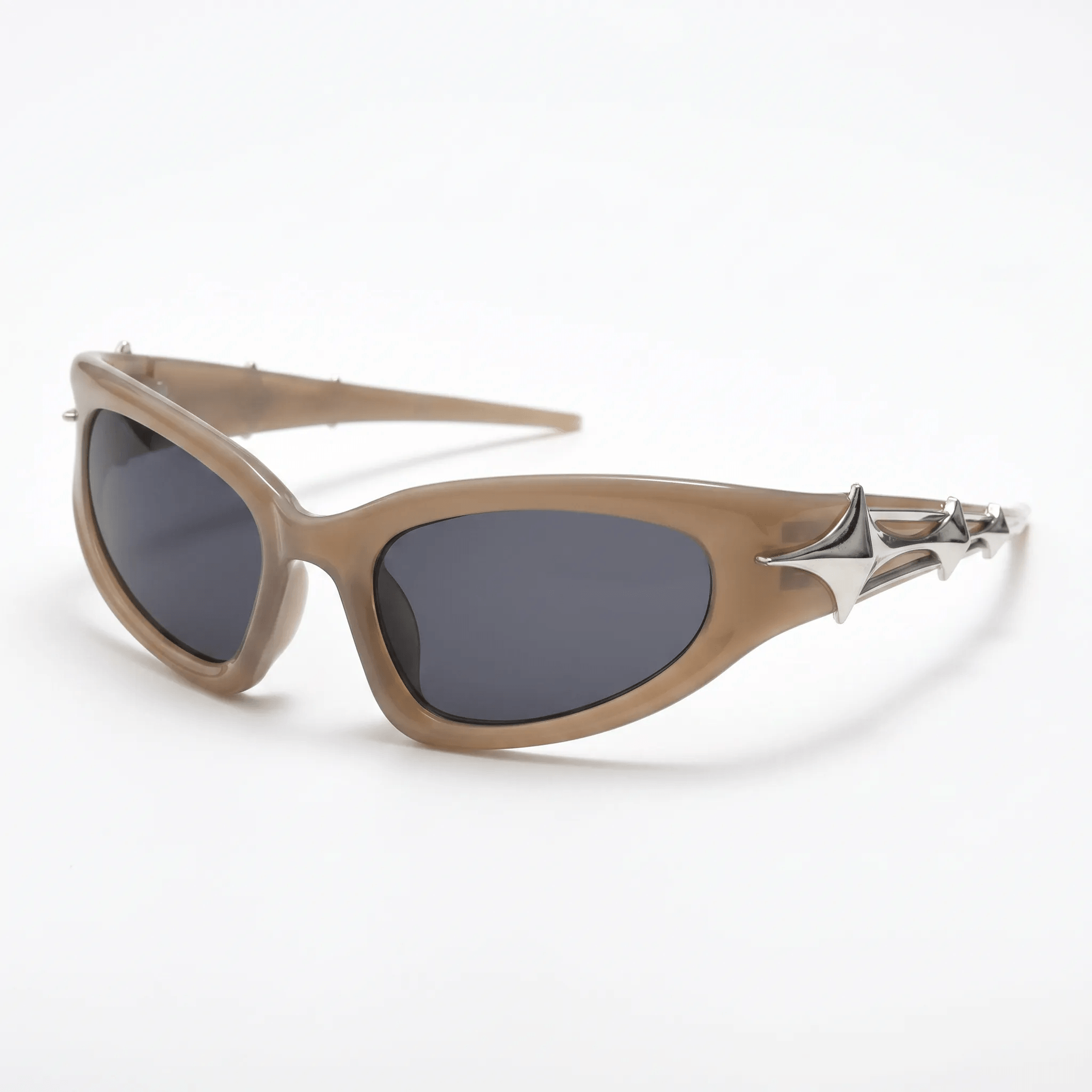 VELSUN-105 Y2K style fast wrap sunglasses in a translucent nude khaki PC frame with solid dark smoke grey lenses