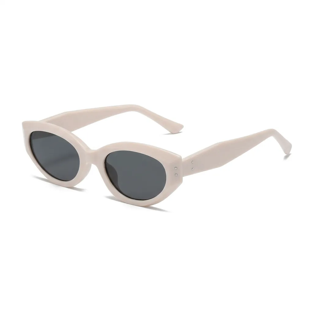 Elegant Cream Beige bold oval frames with dark lenses, minimalist vintage eyewear.