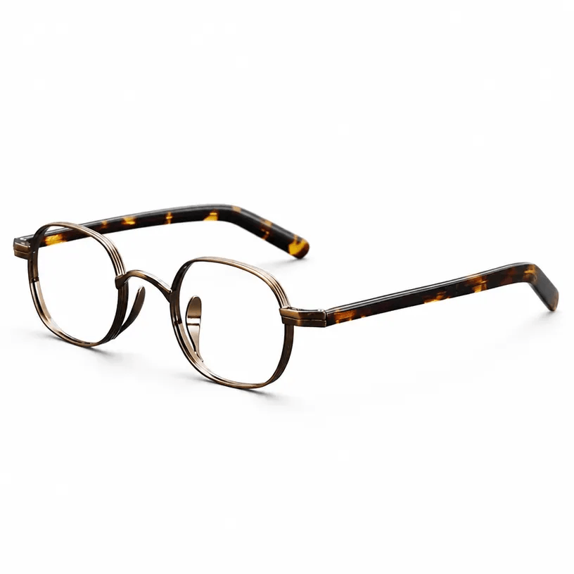 VELOPT-B110 retro octagon prescription glasses with gold metal wire frames and an amber brown tortoise inner rim lining