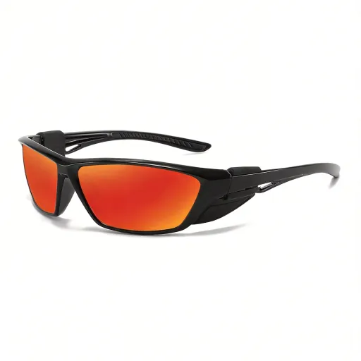 Black red-orange mirror lens sport sunglasses with PC wrap frame
