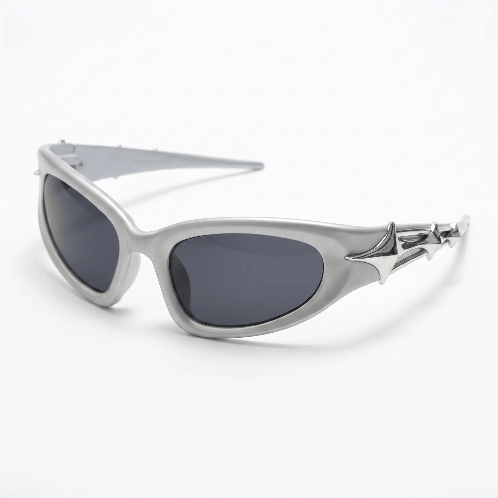 VELSUN-105 futuristic wrap around cat eye sunglasses in metallic chrome silver PC frame with dark grey lenses and dimension metrics