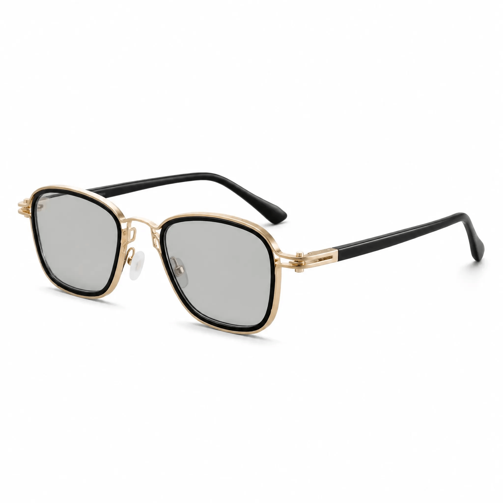 VELOPT-B107 tailored square glasses with an onyx black rim, luxury gold metal contrast temples, and reactive grey lenses