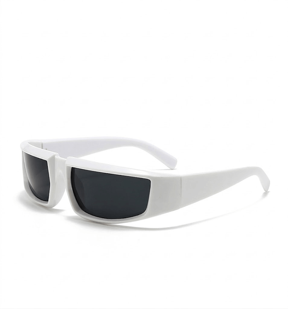 VELSUN-107 cyber street style sunglasses featuring a striking minimalist solid white frame with high contrast black lenses