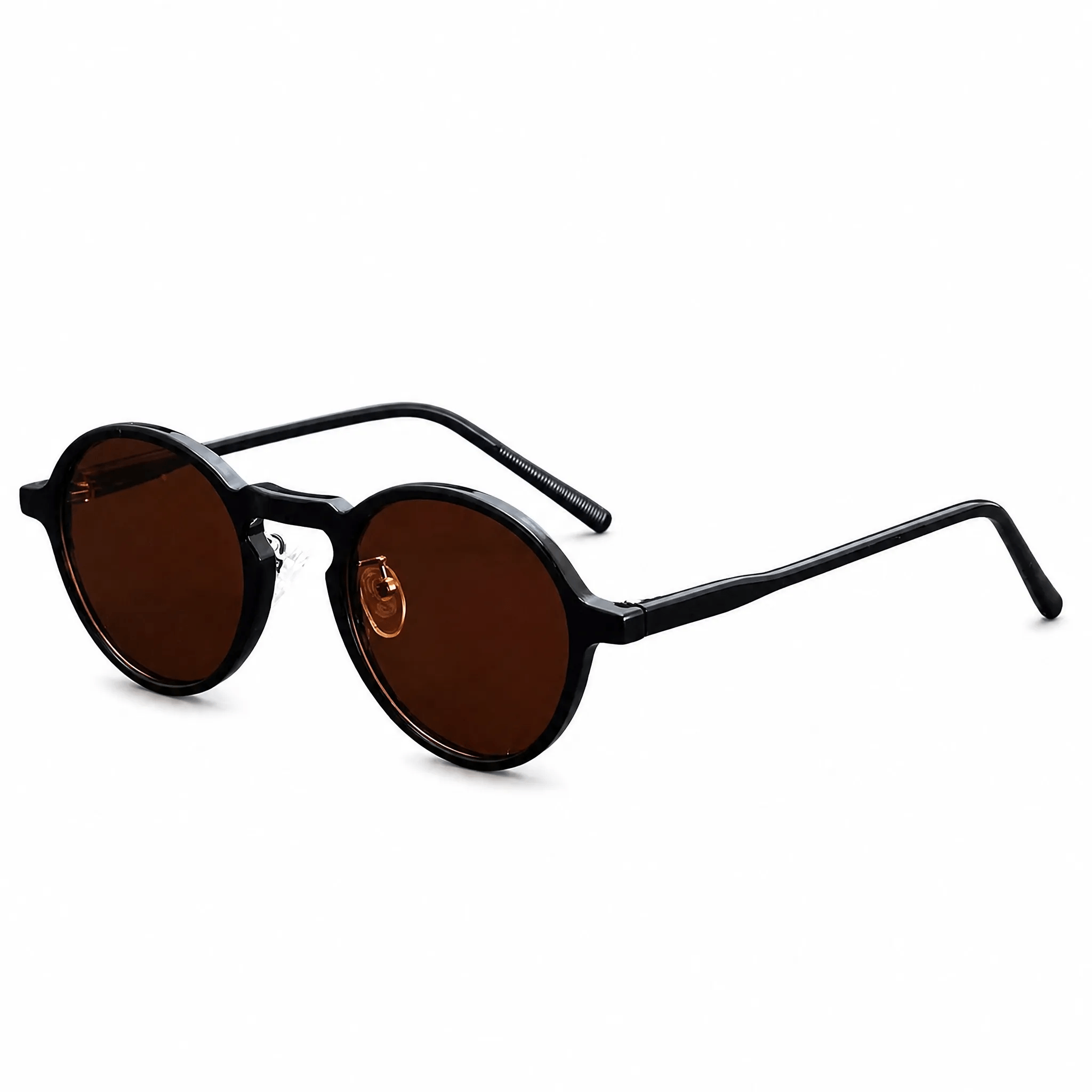 VELSUN-104 vintage round sunglasses in solid black PC frame with dark brown lenses and technical dimensions chart