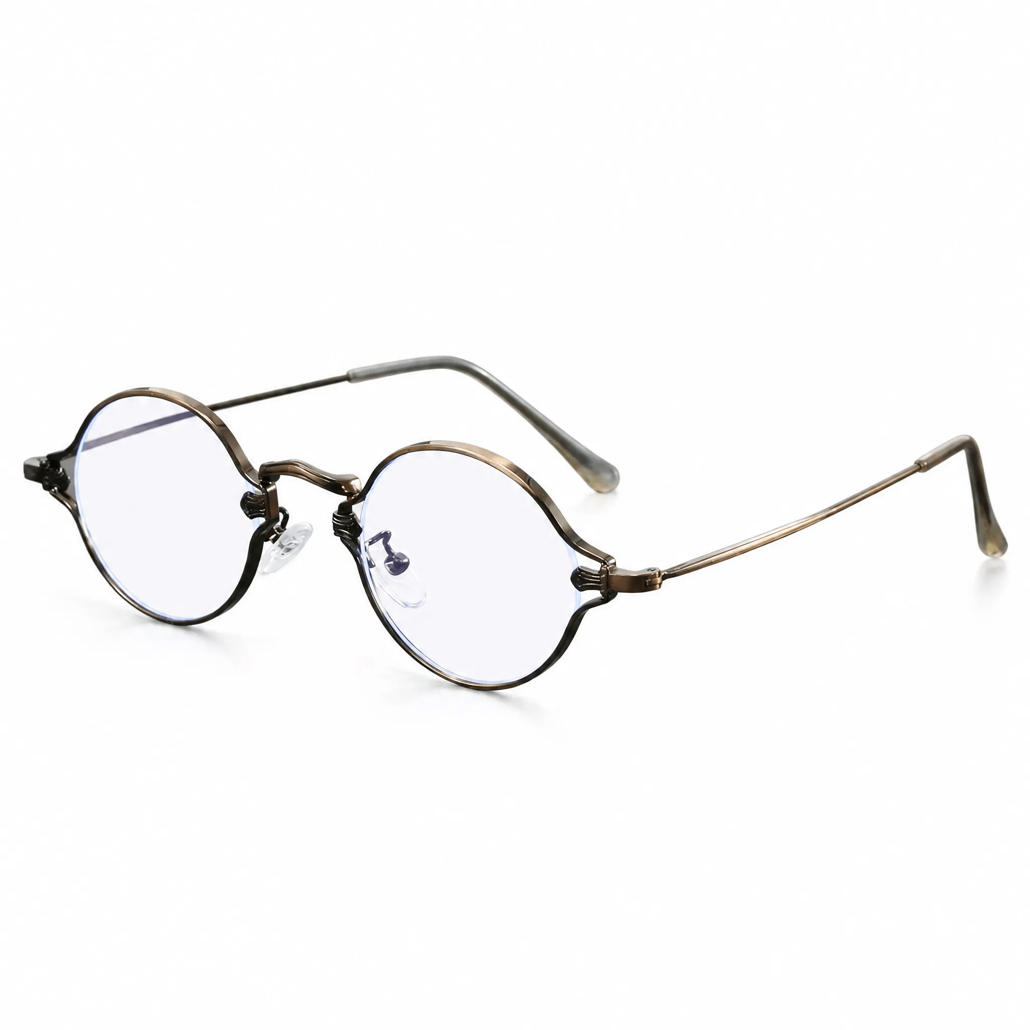 VELOP-B104 intellectual round metal glasses frame in distressed antique bronze with dark brown tortoise eartips