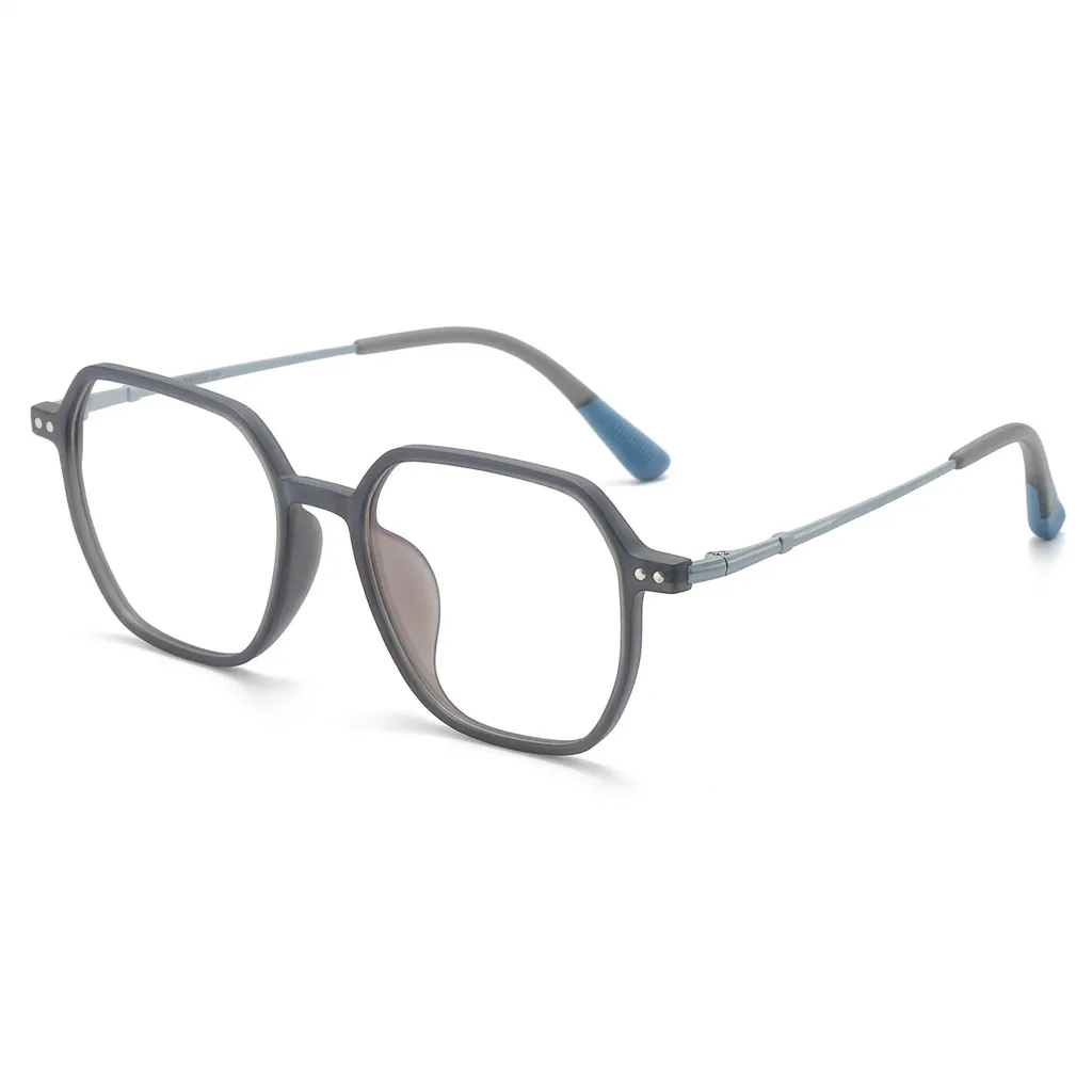 Sleek Crystal Grey translucent polygonal eyeglasses, modern minimalist frames by Velora.