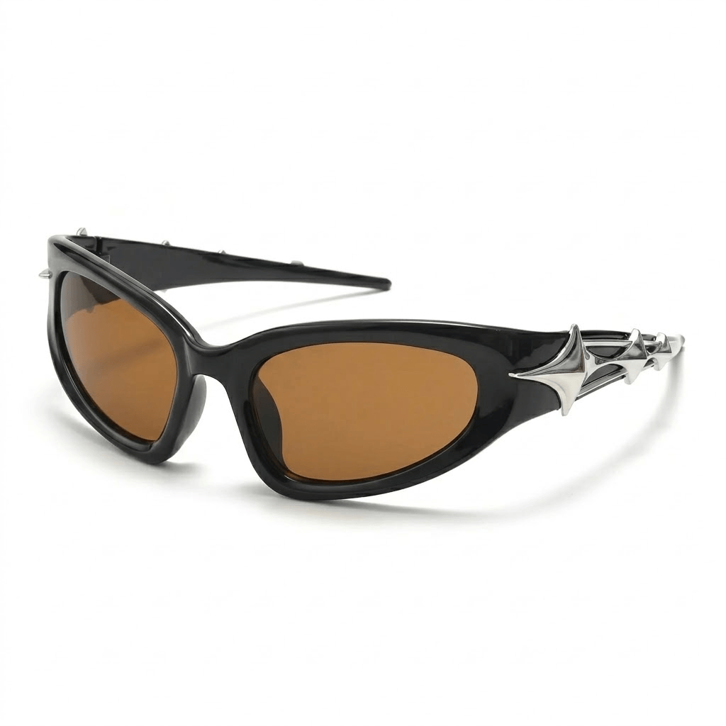 VELSUN-105 street style wrap sunglasses in a rich gloss black PC frame paired with high contrast warm brown lenses