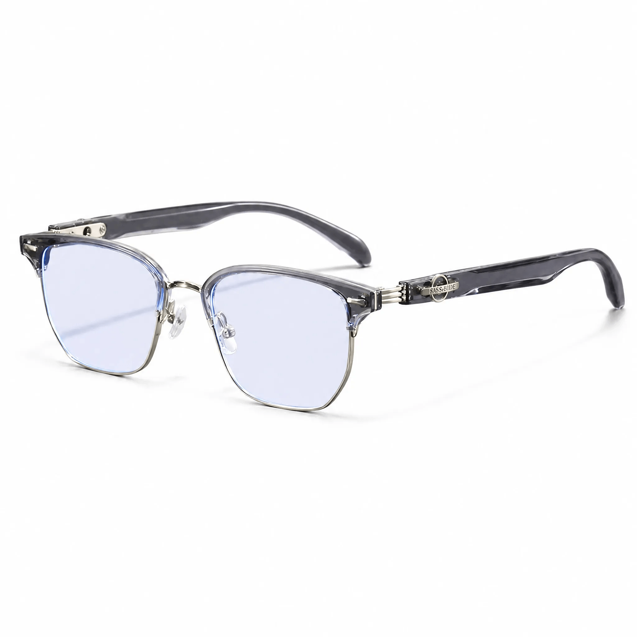 VELOPT-B103 modern semi rimless eyeglasses featuring a clear smoky grey transparent brow bar and silver frame