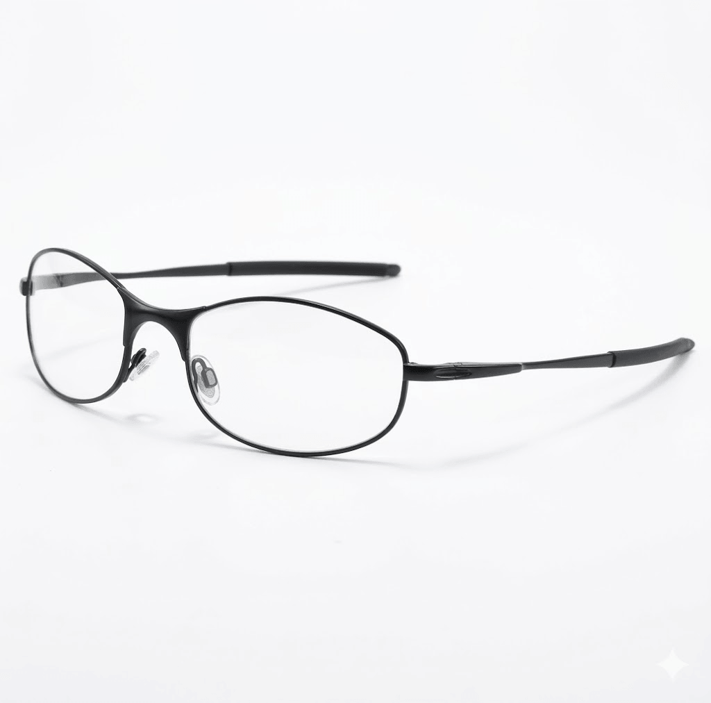 VELOPT-B105 sporty oval metal prescription glasses in matte black with black rubber temple sleeves and technical size blueprint