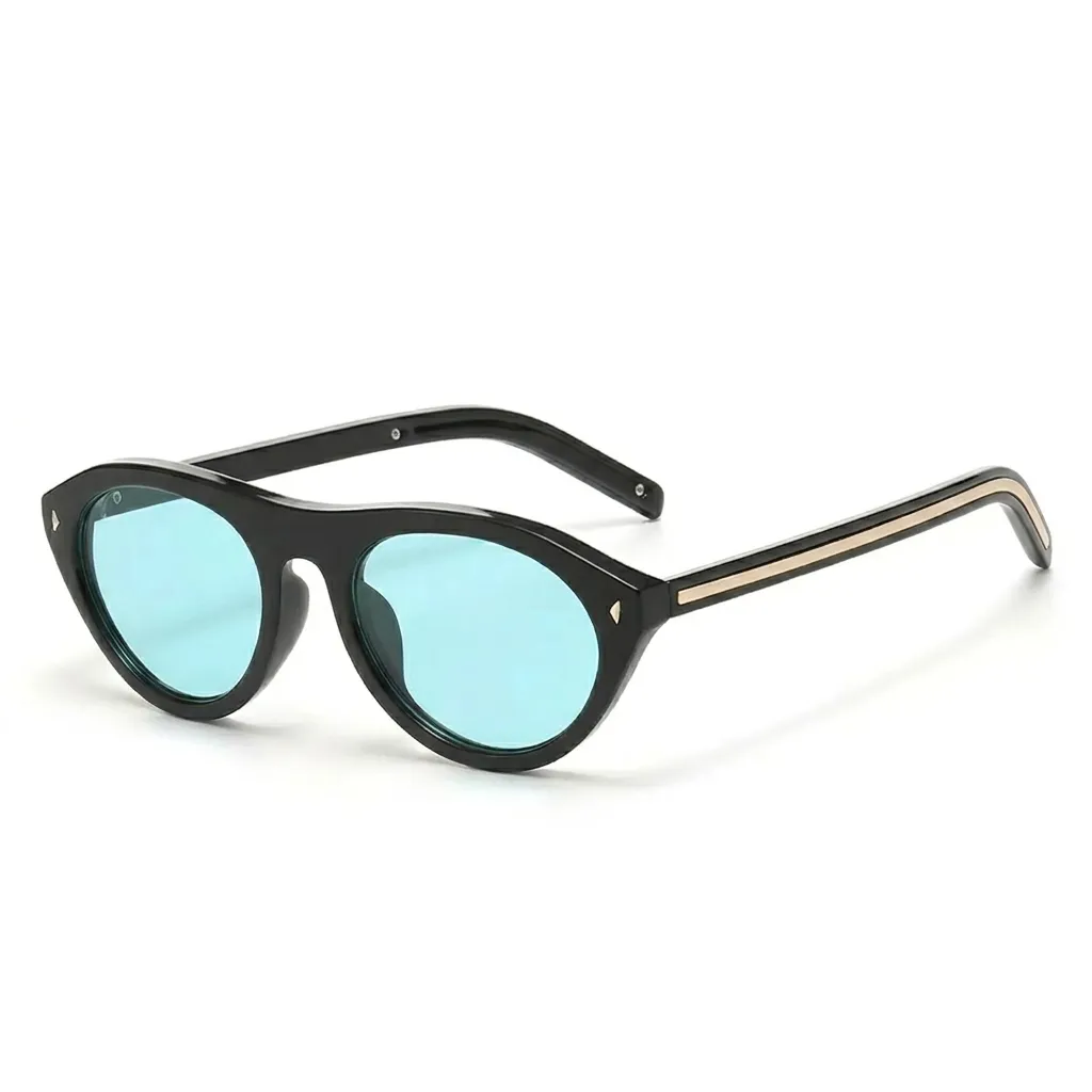 Sleek Midnight Black thick-rimmed aviators with vibrant sky blue anti-glare lenses.