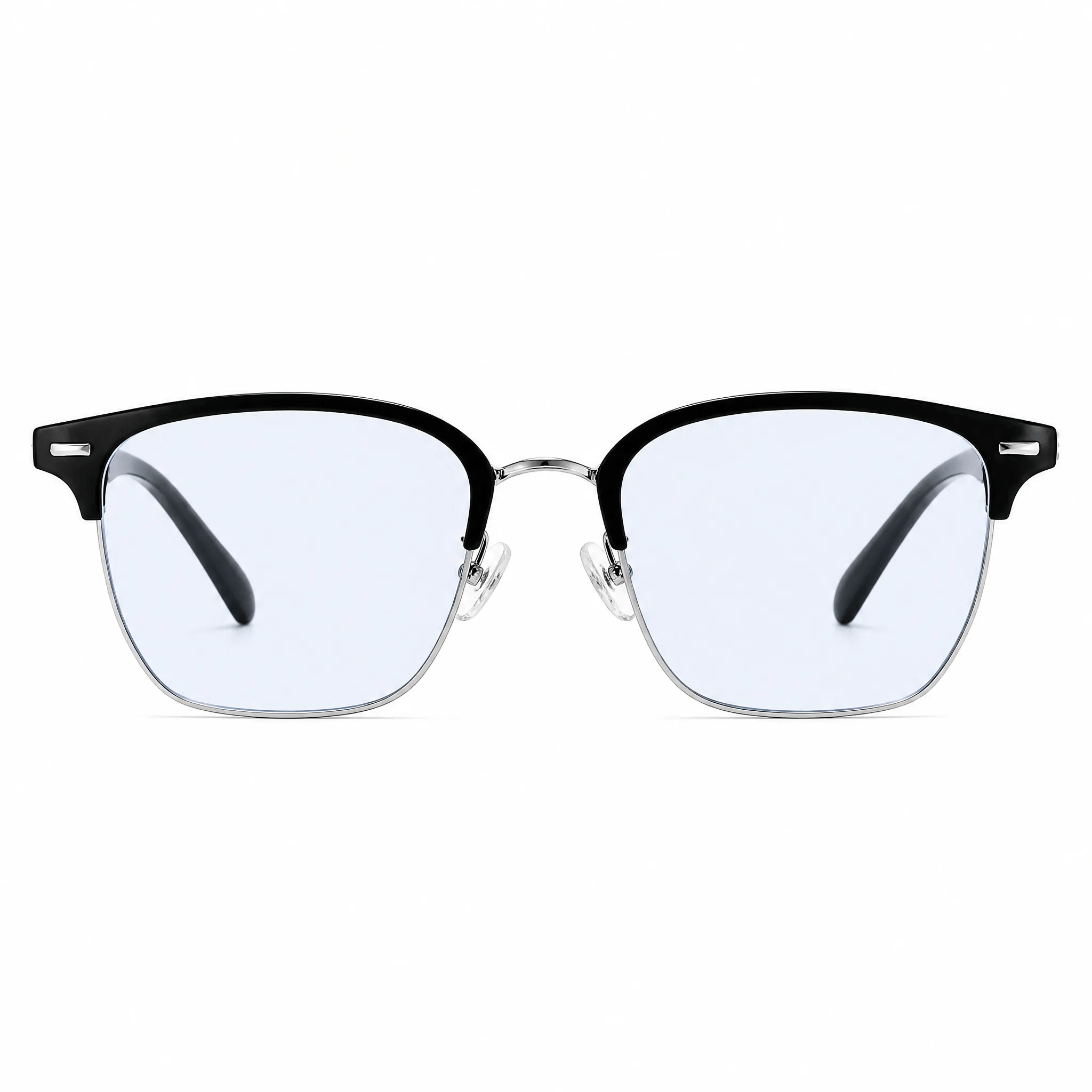 VELOPT-B103 semi rimless clubmaster prescription glasses in gloss black acetate with silver metal rims and size diagram
