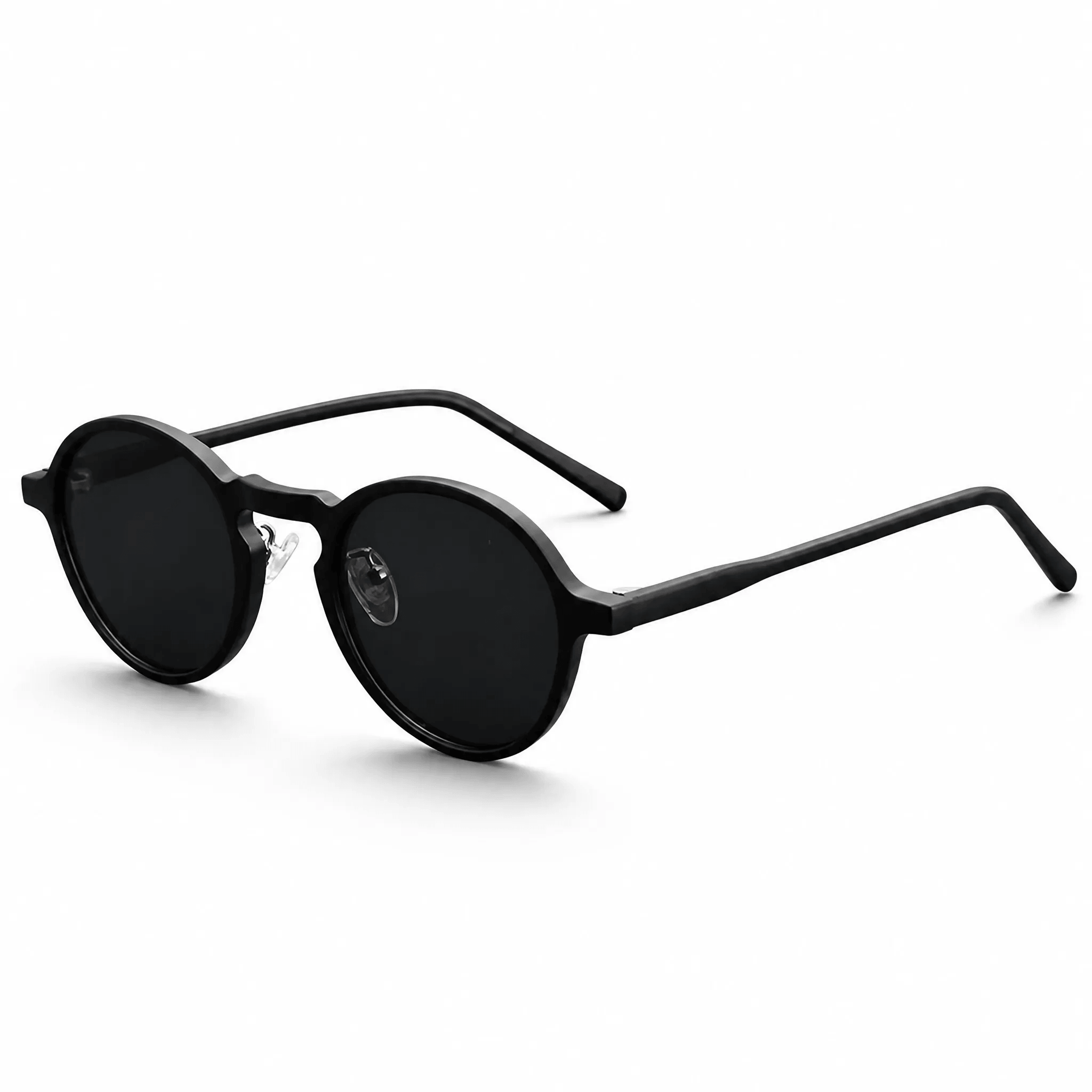VELSUN-104 classic retro round PC sunglasses in gloss black frame paired with solid dark black lenses