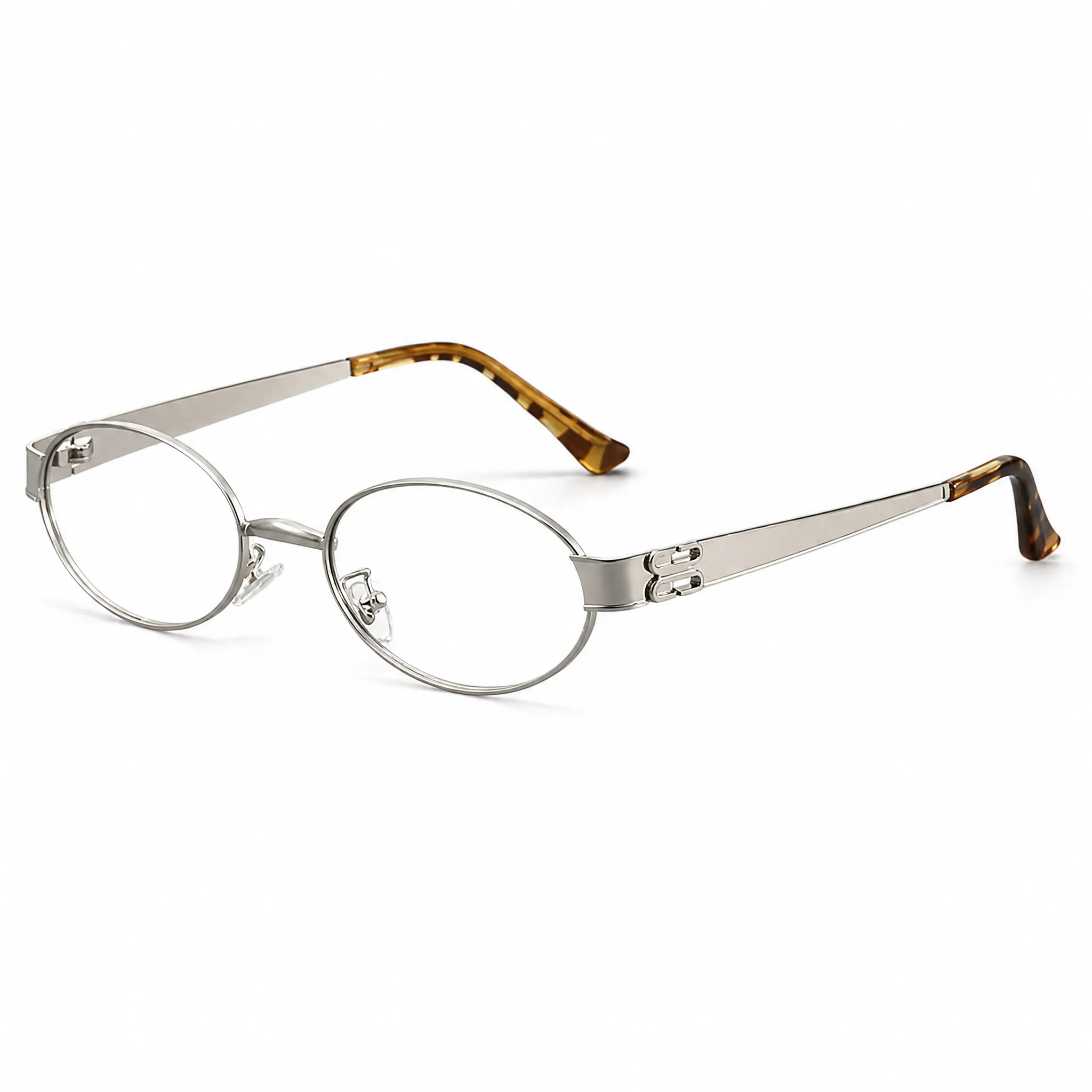 VELOPT-B102 slim oval metal prescription glasses in matte metallic silver with dark brown tortoise shell eartips