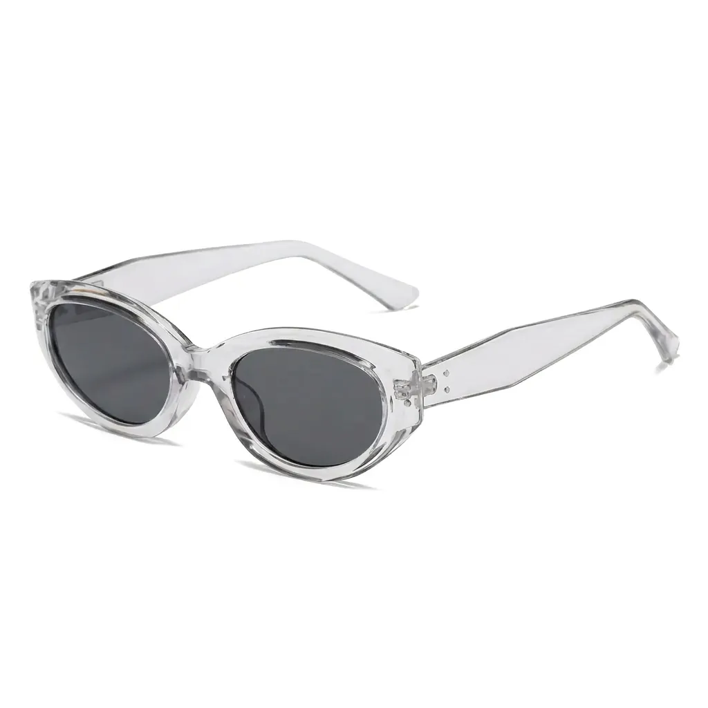 Modern Crystal Clear translucent oval sunglasses, futuristic retro-style frames.