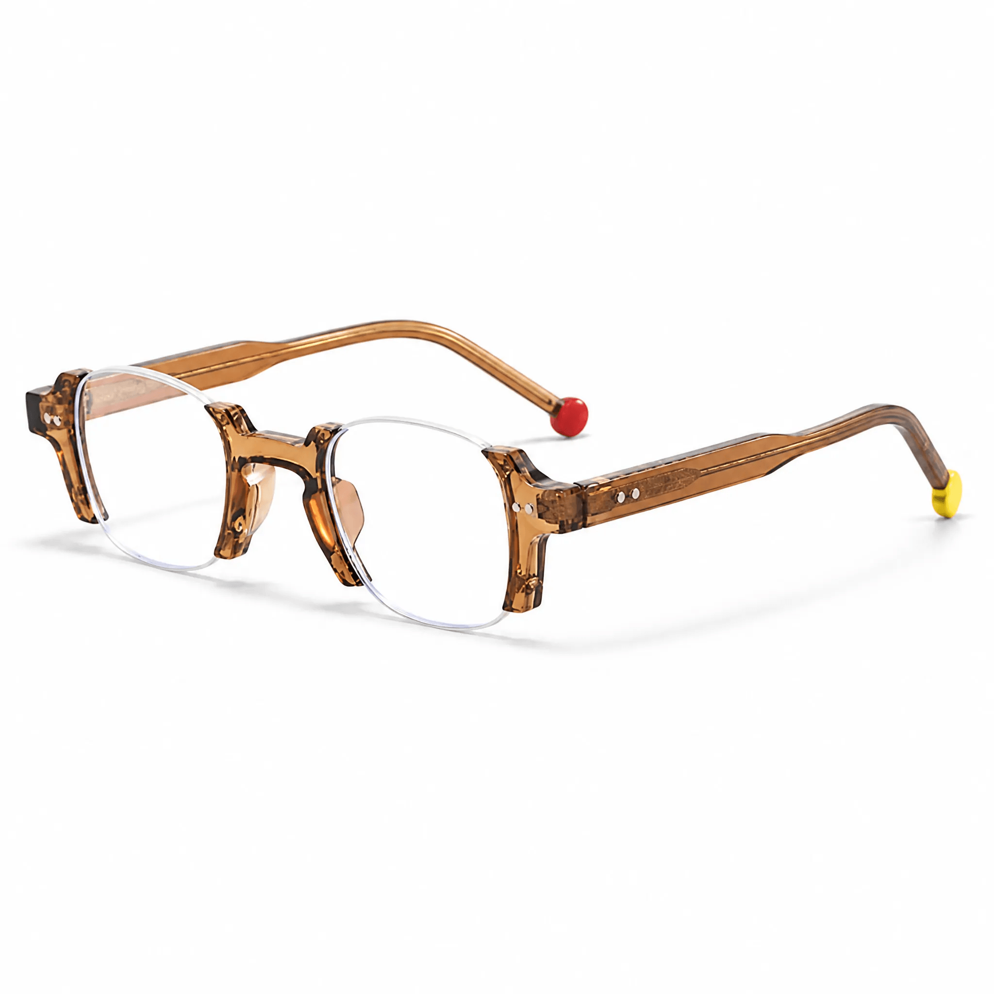 VELOPT-B112 vintage style crown panto eyeglasses in translucent light woodgrain amber with yellow temple tips