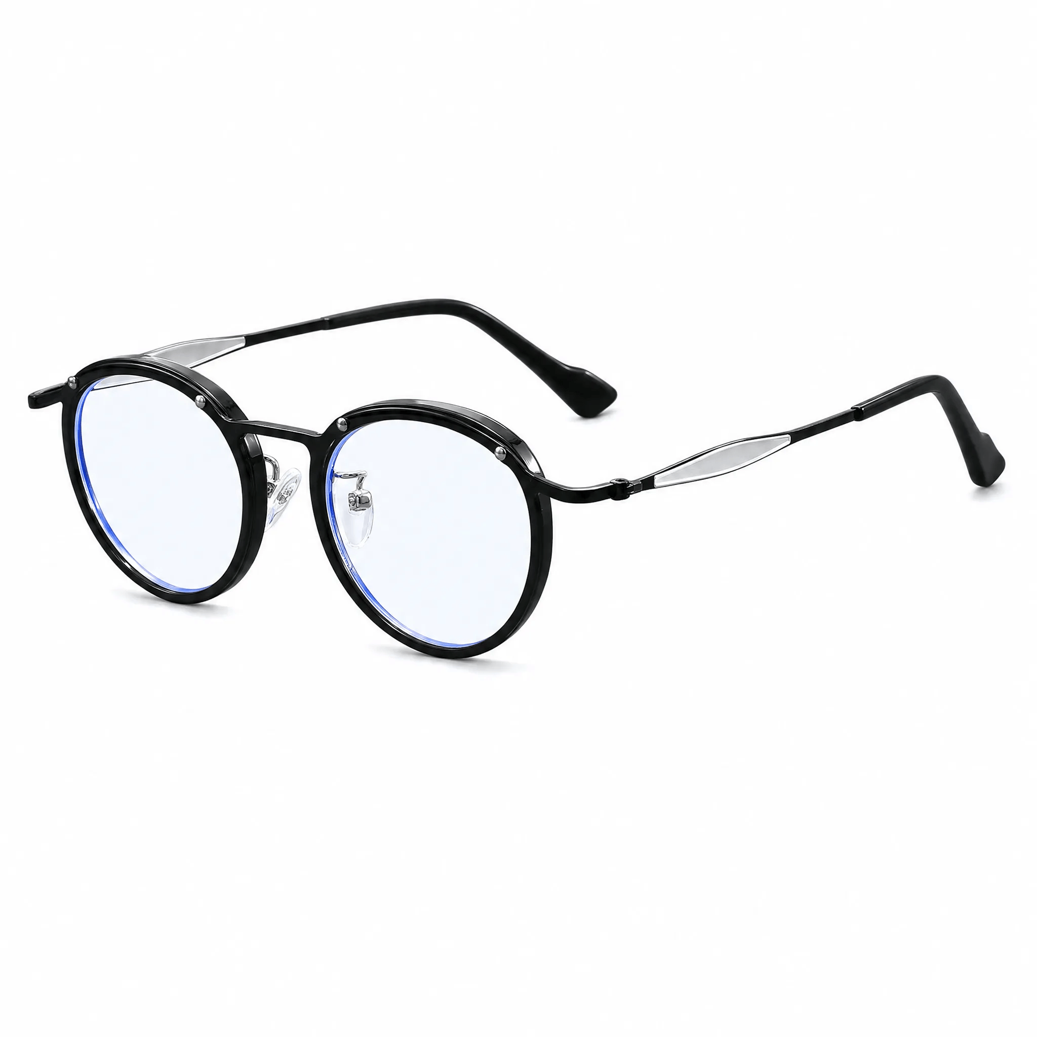 VELOPT-B114 retro round eyeglasses in gloss black and chrome silver metal showing detailed hollow-out filigree temple arms