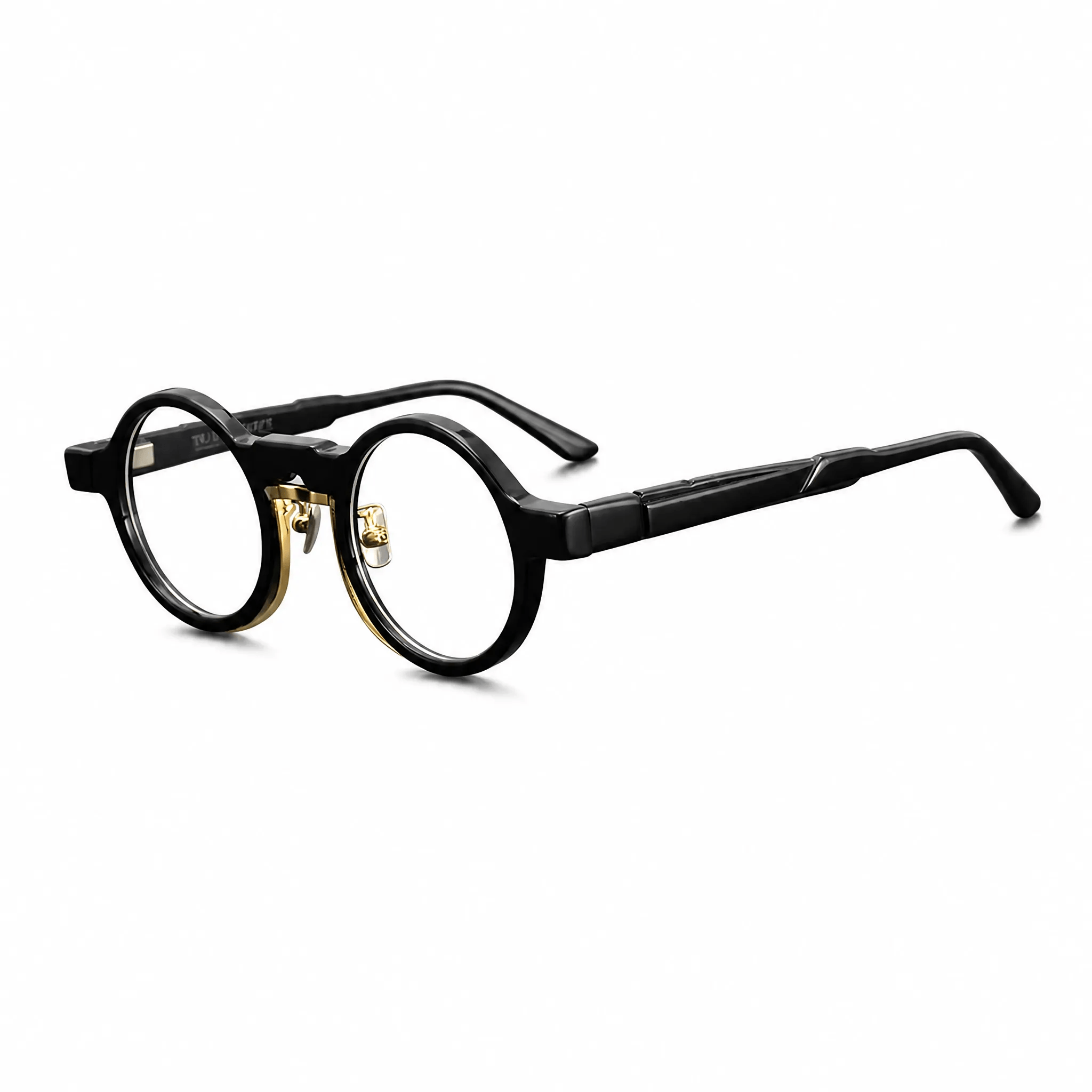 VELOPT-B115 chunky retro round prescription glasses in matte black PC featuring a polished gold metal bridge and adjustable nose pads