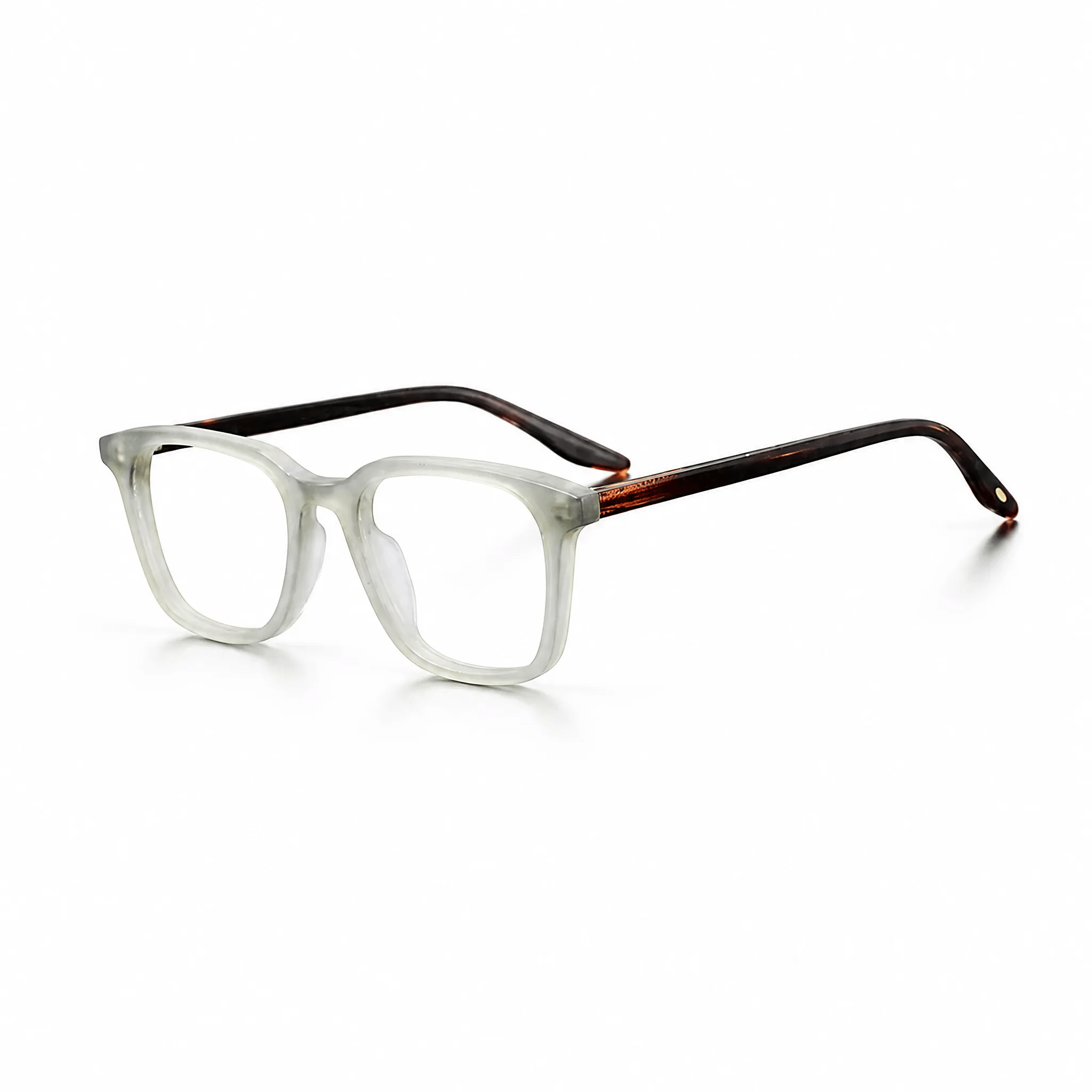 VELOPT-B108 classic square prescription glasses in frosted clear translucent PC with subtle metal rivets and sizing diagram
