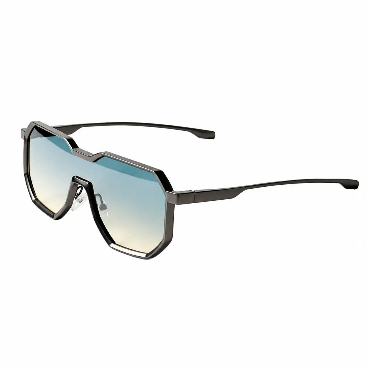 VELSUN-102 flat top geometric shield sunglasses featuring a dark smoke grey gradient lens and dark gunmetal metal hardware