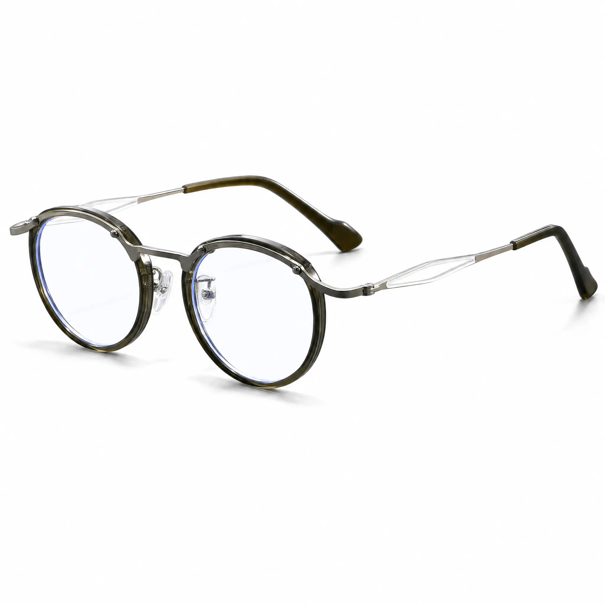 VELOPT-B114 modern round metal glasses with a dark sage olive green inner rim contrast and gunmetal grey hardware