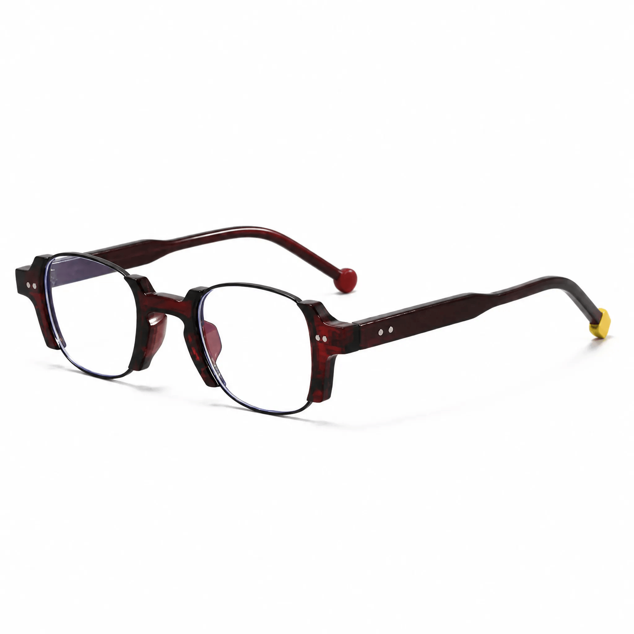 VELOPT-B112 unique round prescription eyeglasses in deep burgundy red PC with clear nose pads