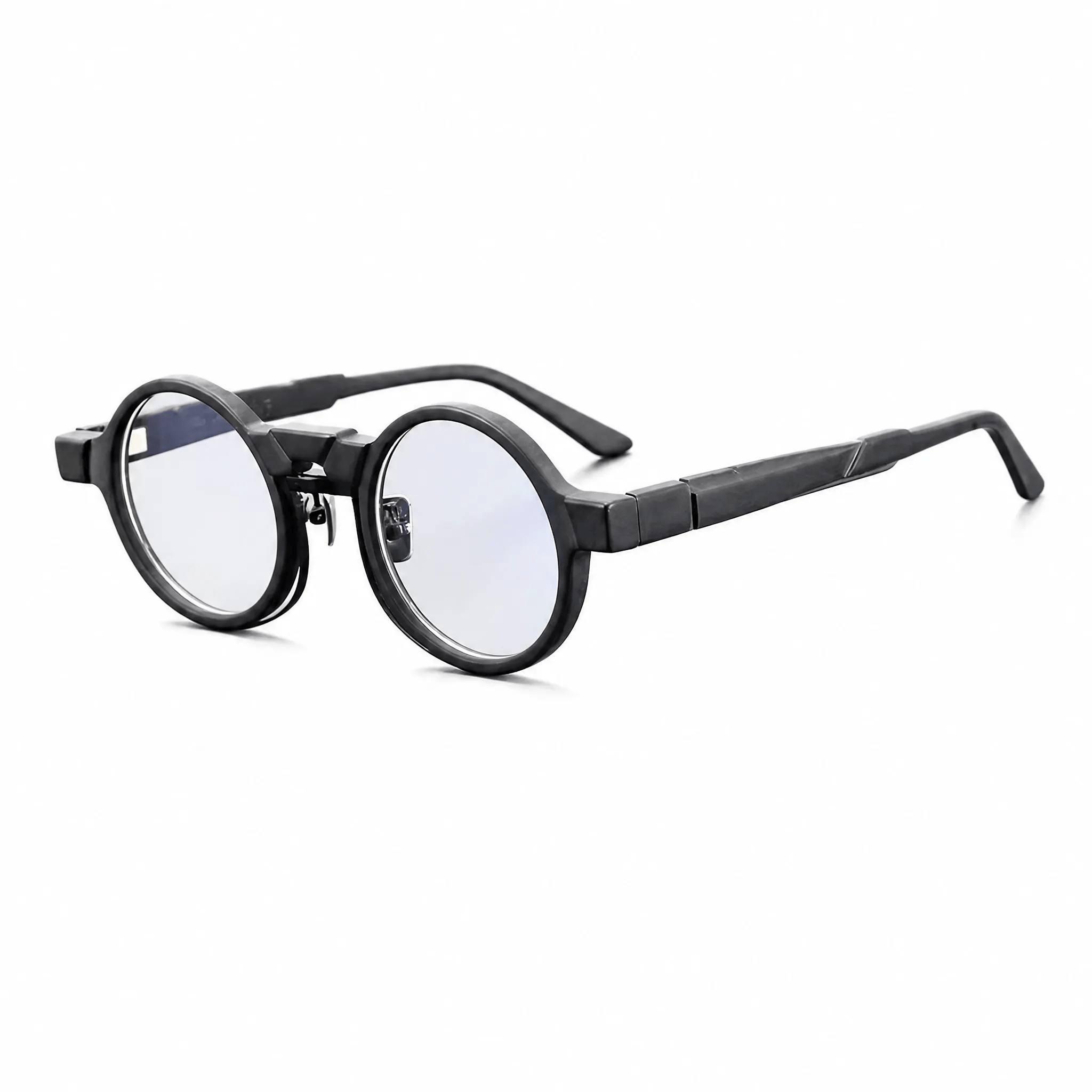 VELOPT-B115 thick round blue light blocking glasses in matte black PC paired with a sleek metallic silver wire bridge