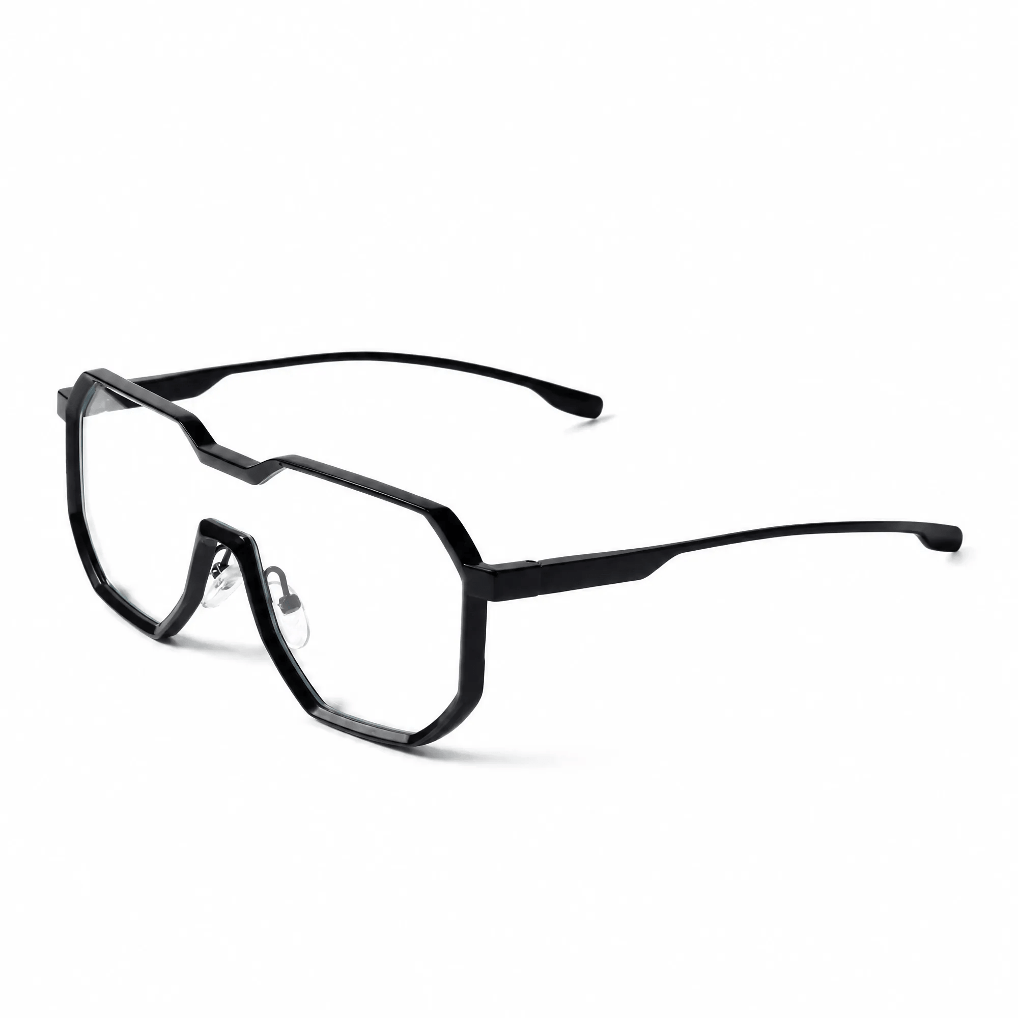VELSUN-102 futuristic polygonal metal sunglasses with a minimalist clear transparent shield lens and matte black frame
