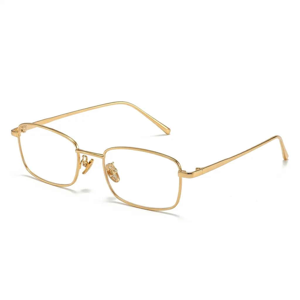 Elegant gold rectangular prescription eyewear, premium minimalist metal frames with adjustable nose pads.